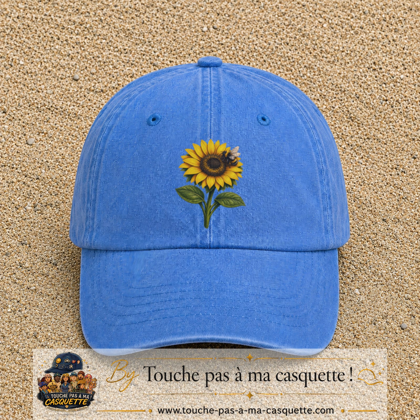 Image principale produit75grosBLC - casquette Bleu ciel délavé avec visuel Tournesol abeille 7 cm