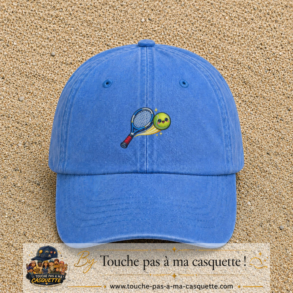 Image principale produit80moyenBLC - casquette Bleu ciel délavé avec visuel Tennis raquette balle 5 cm