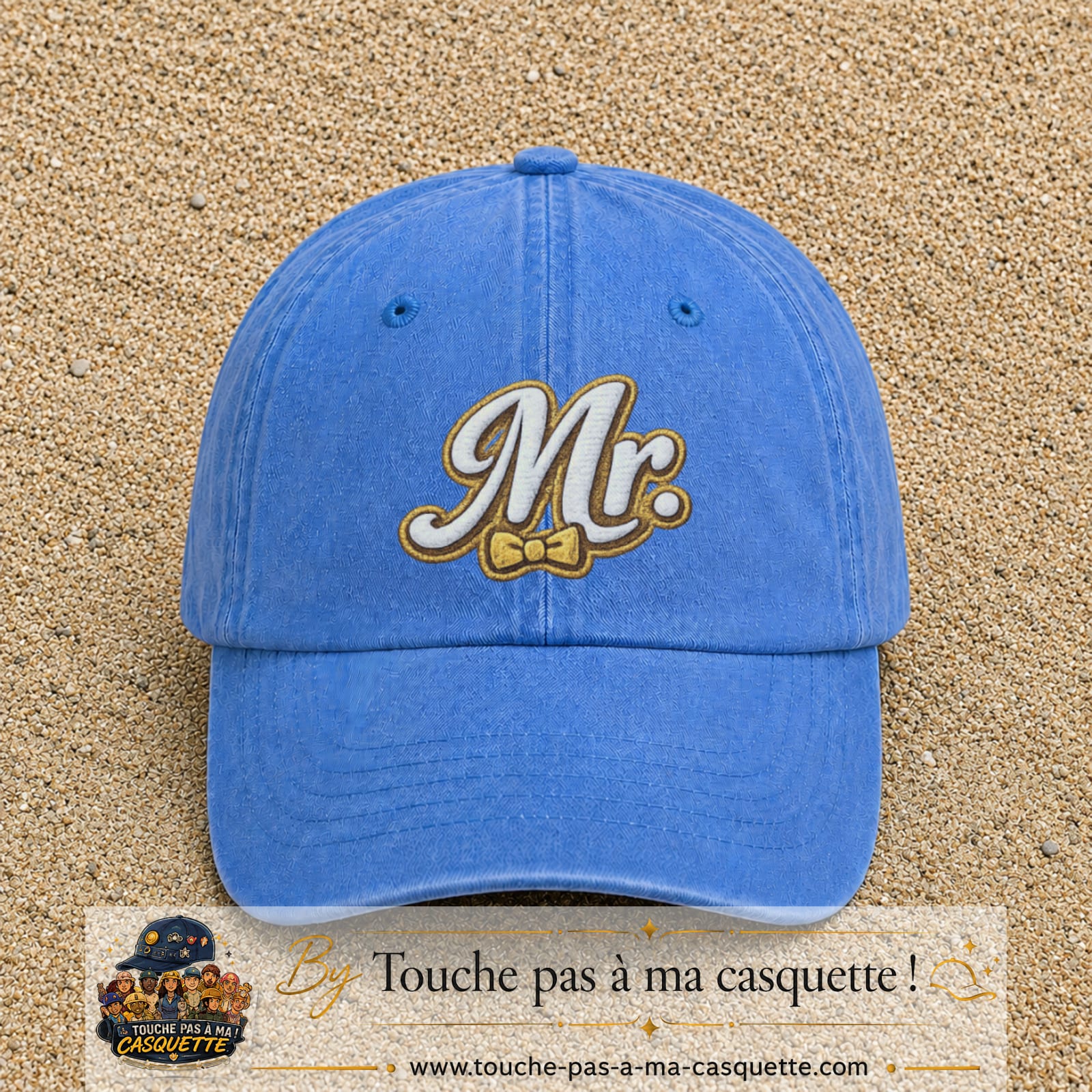 Image principale produit110grosBLC - casquette Bleu ciel délavé avec visuel Mr élégant 7 cm
