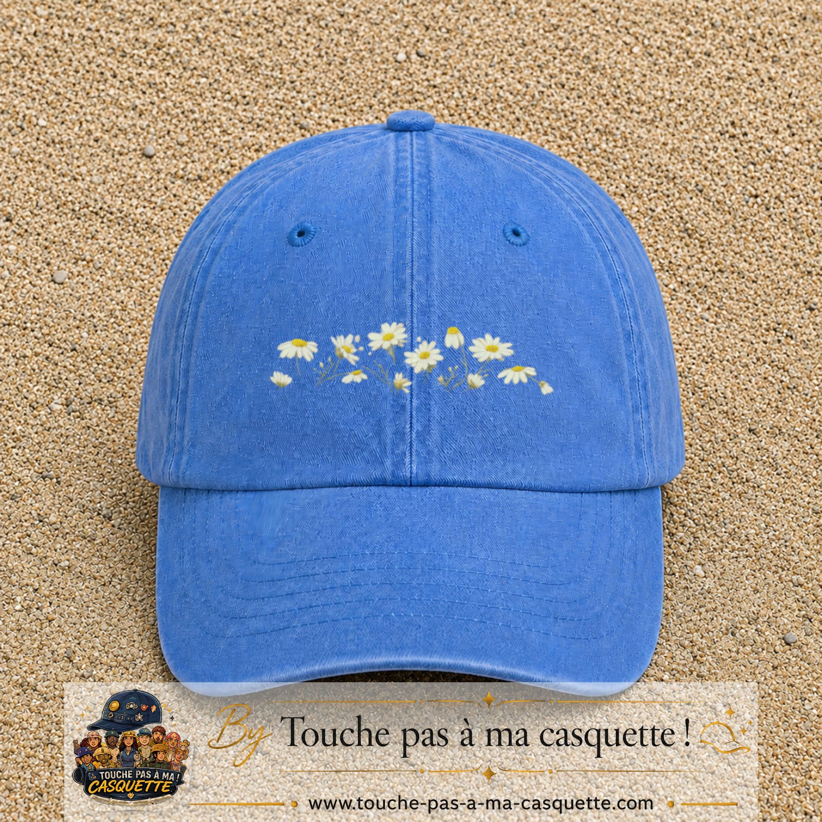 Image principale produit36moyenBLC - casquette Bleu ciel délavé avec visuel Guirlande de marguerites 5 cm