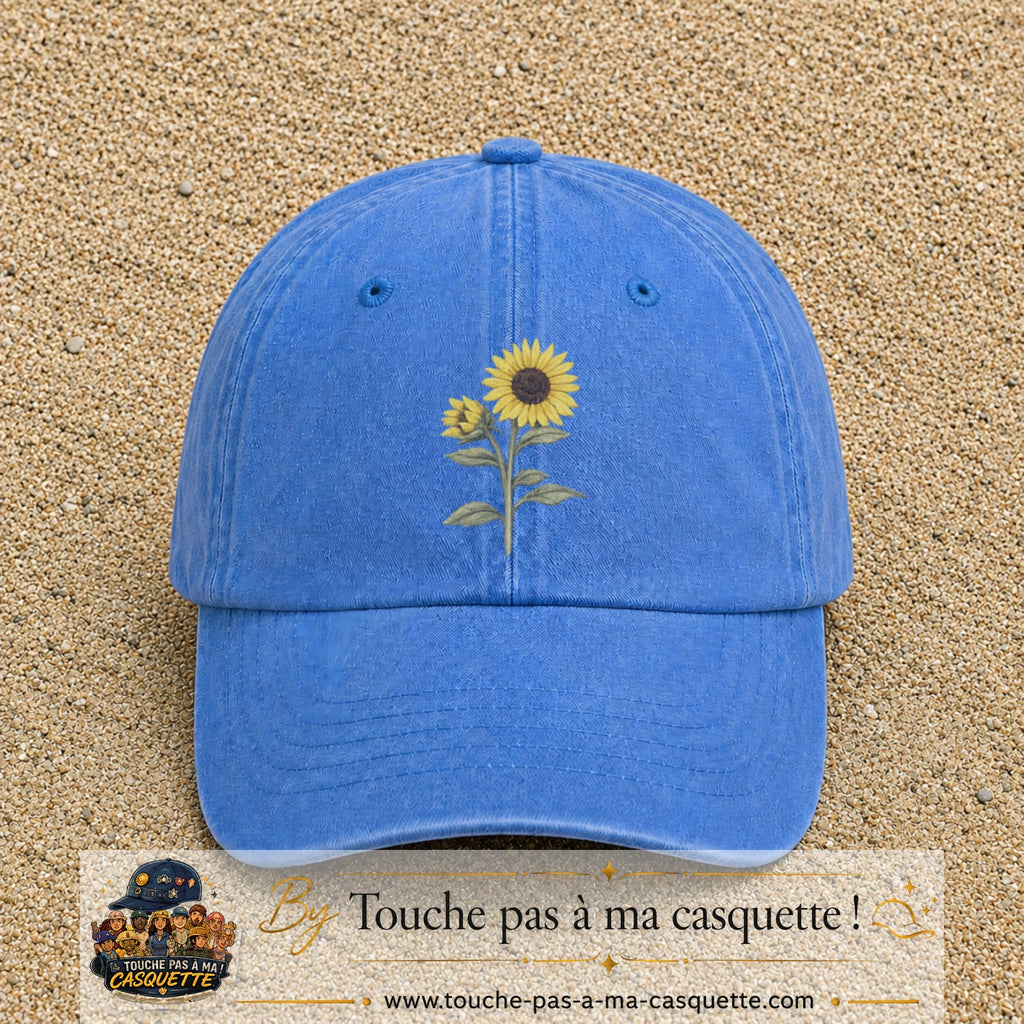 Image principale produit12grosBLC - casquette Bleu ciel délavé avec visuel Tournesol avec tige 7 cm