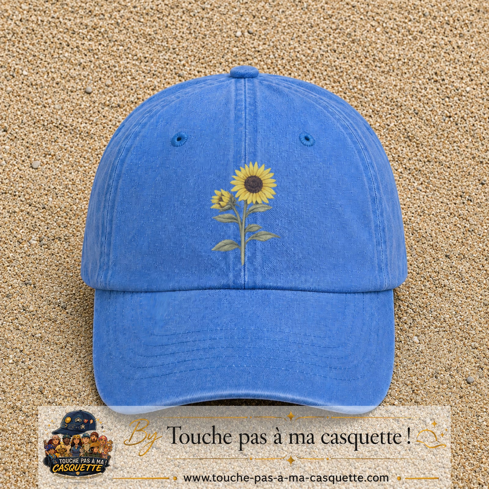 Image principale produit12grosBLC - casquette Bleu ciel délavé avec visuel Tournesol avec tige 7 cm