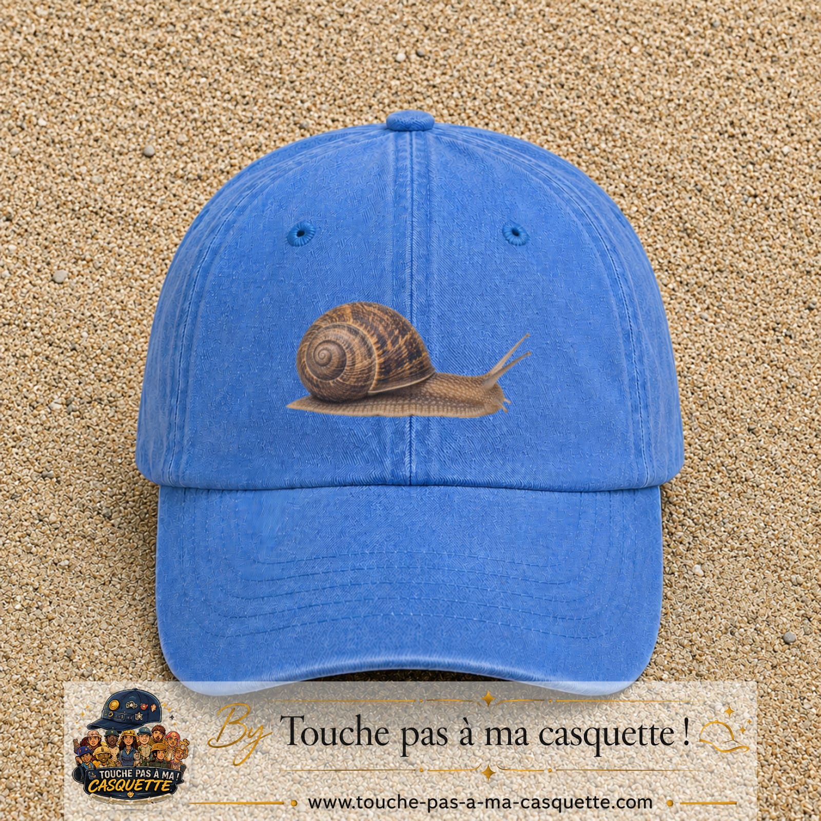 Image principale produit74moyenBLC - casquette Bleu ciel délavé avec visuel Escargot 5 cm
