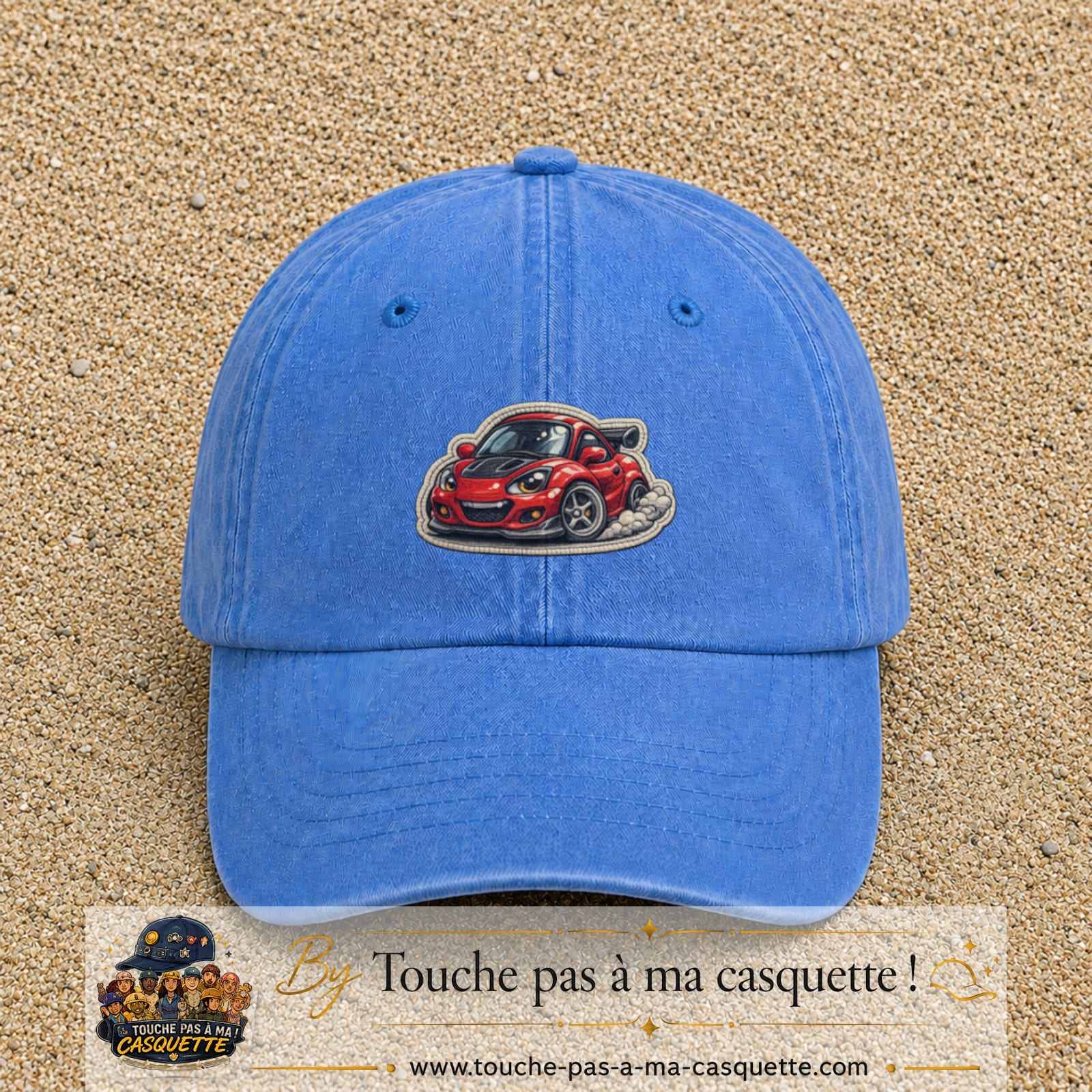 Image principale produit93moyenBLC - casquette Bleu ciel délavé avec visuel Voiture rouge 5 cm