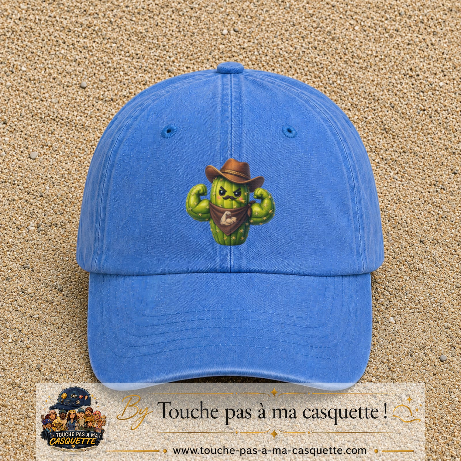 Image principale produit194grosBLC - casquette Bleu ciel délavé avec visuel Cactus cowboy 7 cm