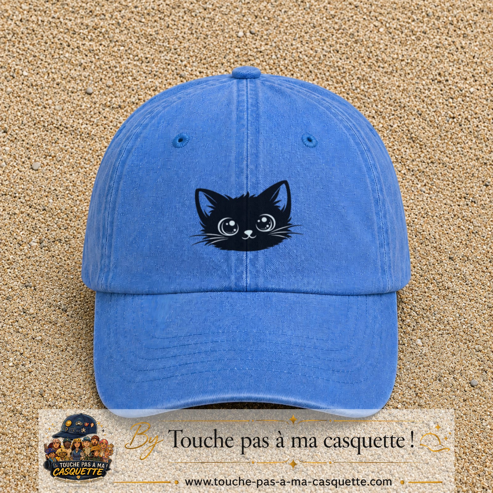 Image principale produit2moyenBLC - casquette Bleu ciel délavé avec visuel Chat noir yeux ronds 5 cm