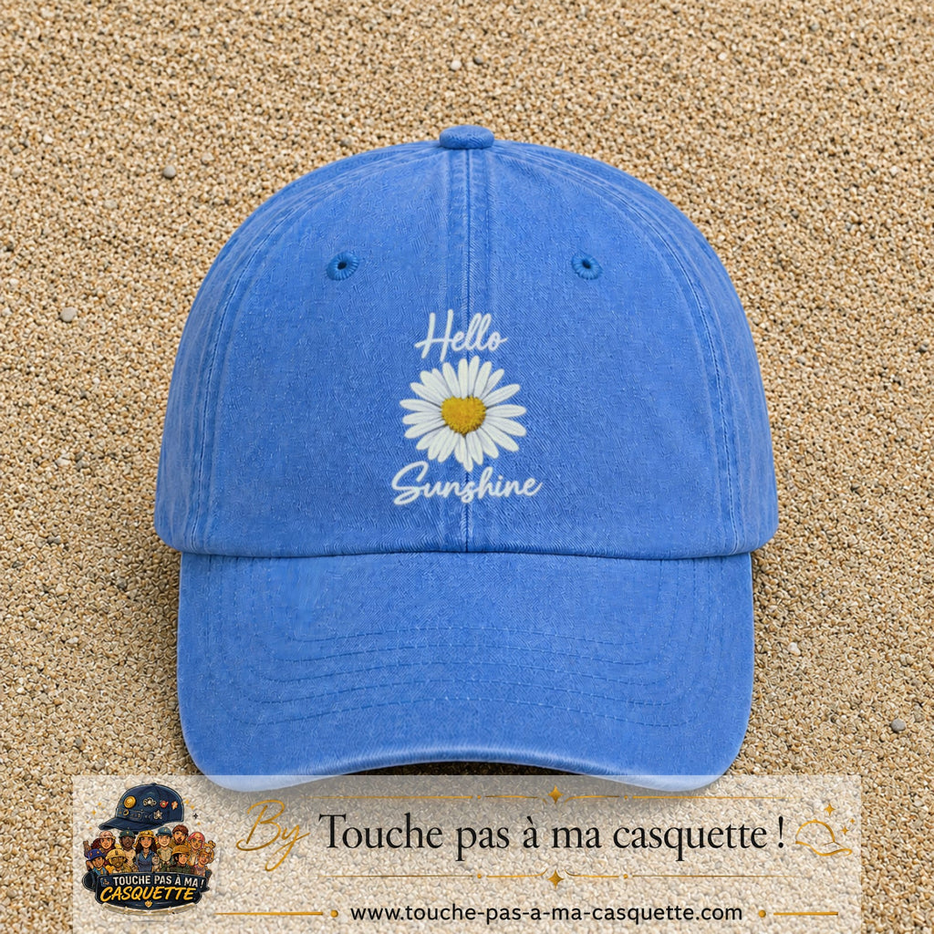 Image principale produit29grosBLC - casquette Bleu ciel délavé avec visuel Hello sunshine marguerite blanc 7 cm