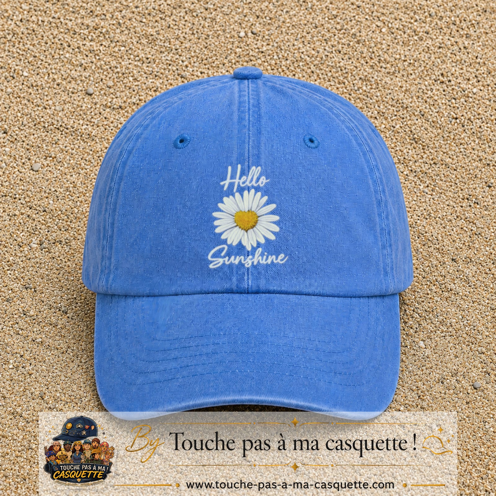 Image principale produit29grosBLC - casquette Bleu ciel délavé avec visuel Hello sunshine marguerite blanc 7 cm