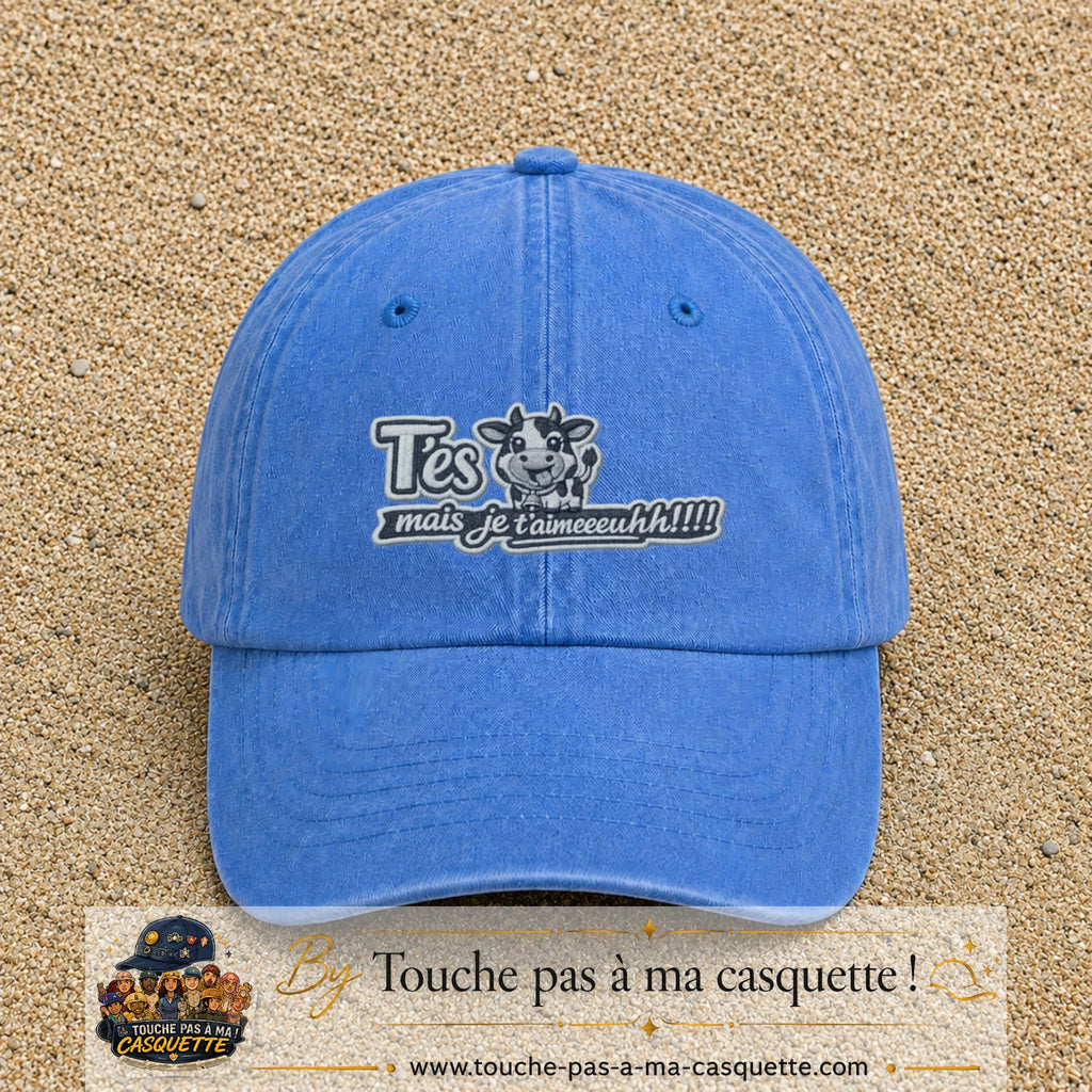 Image principale produit122moyenBLC - casquette Bleu ciel délavé avec visuel Vache message français 5 cm