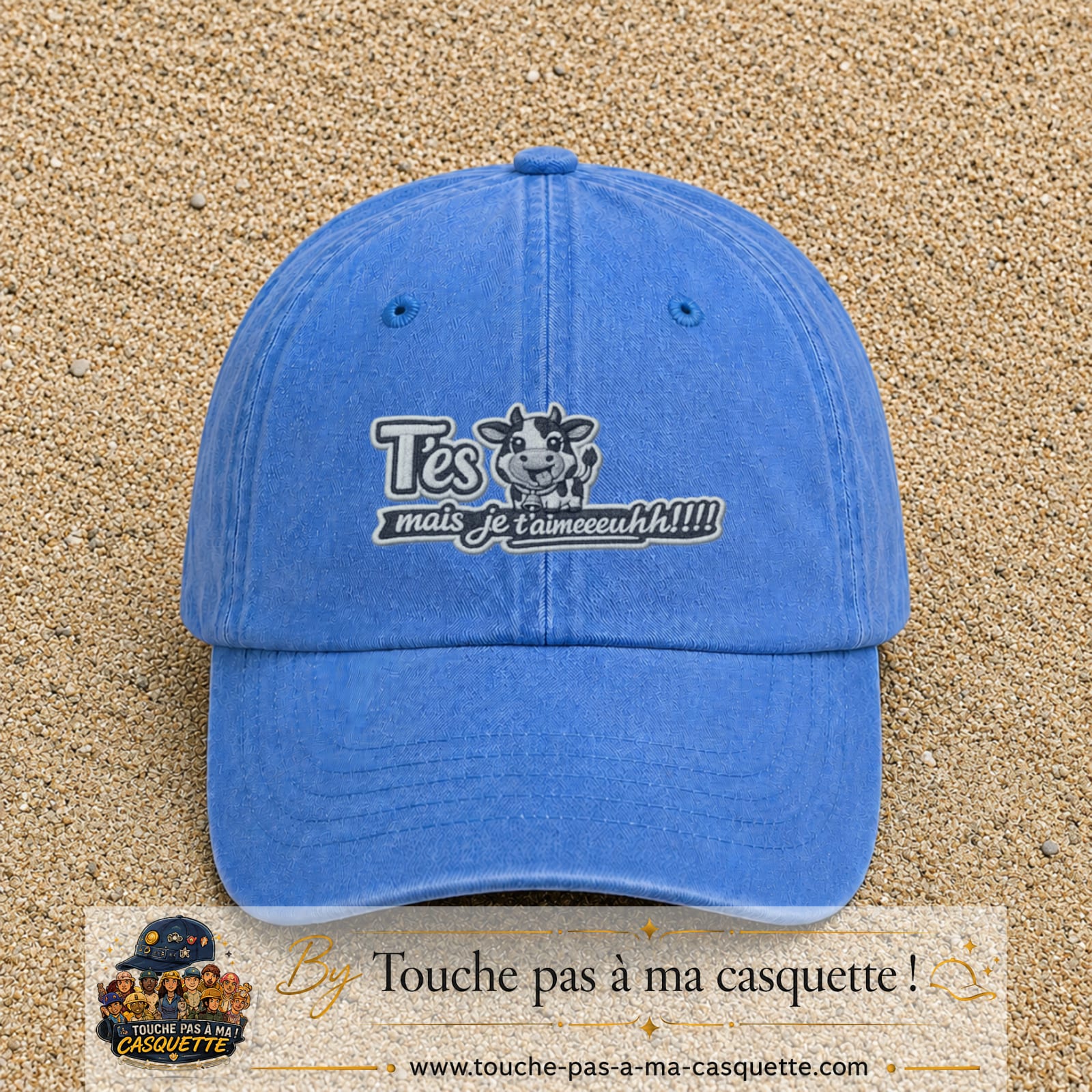 Image principale produit122moyenBLC - casquette Bleu ciel délavé avec visuel Vache message français 5 cm
