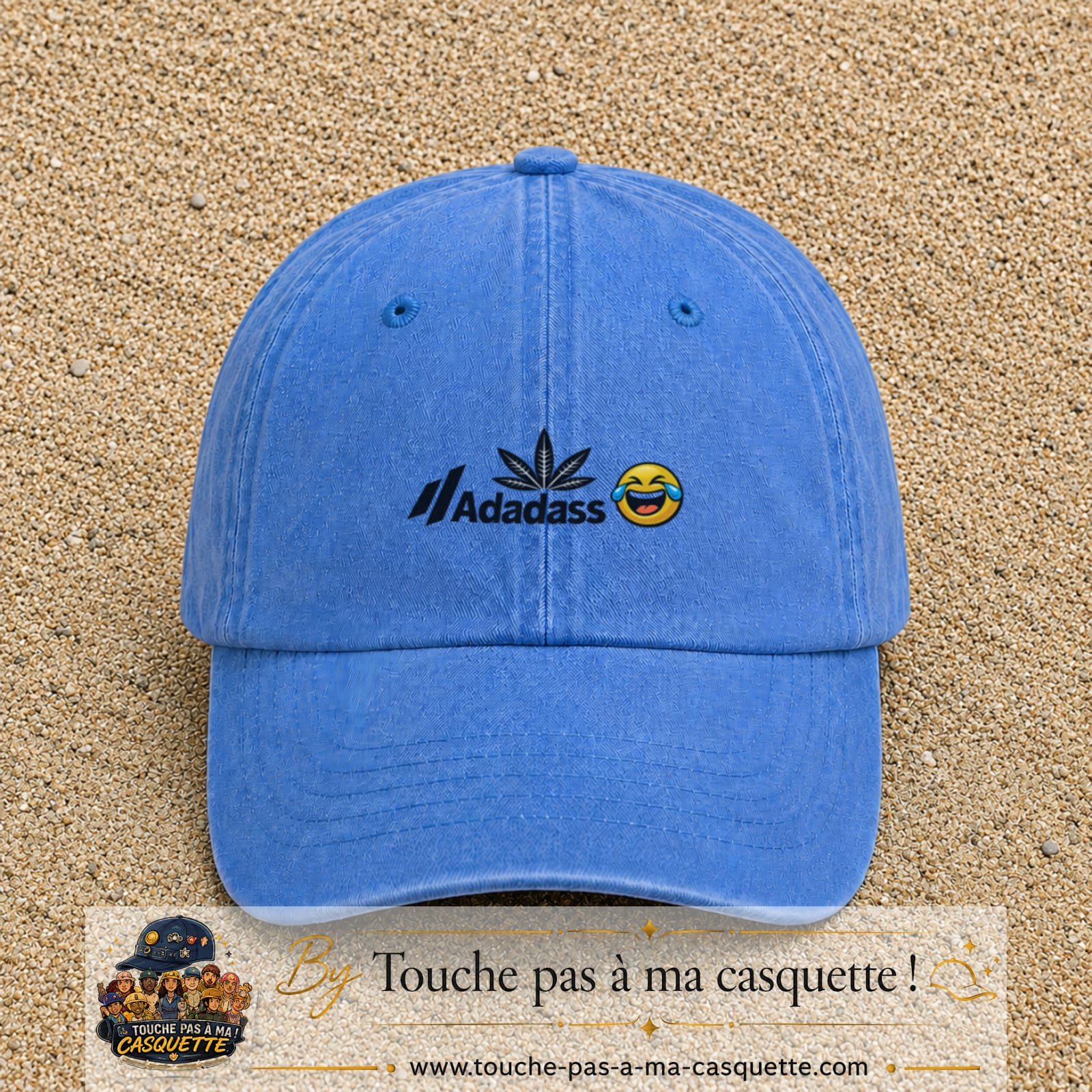 Image principale produit37petitBLC - casquette Bleu ciel délavé avec visuel Adadass emoji rieur 3 cm