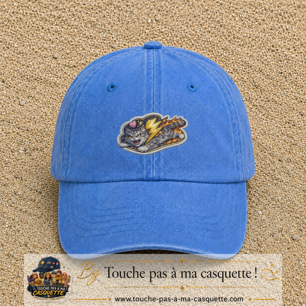 Image principale produit78moyenBLC - casquette Bleu ciel délavé avec visuel Chat éclair 5 cm