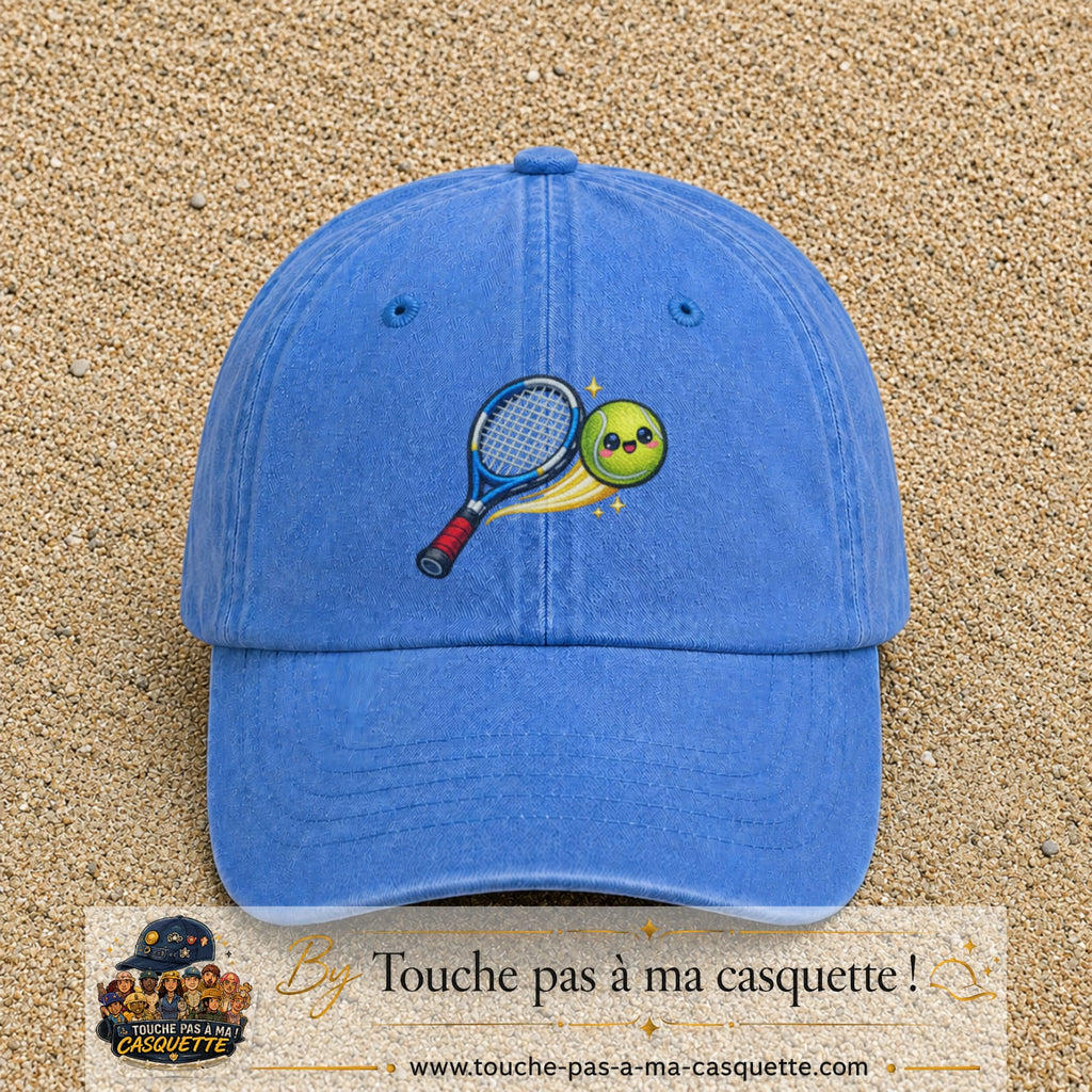 Image principale produit80grosBLC - casquette Bleu ciel délavé avec visuel Tennis raquette balle 7 cm