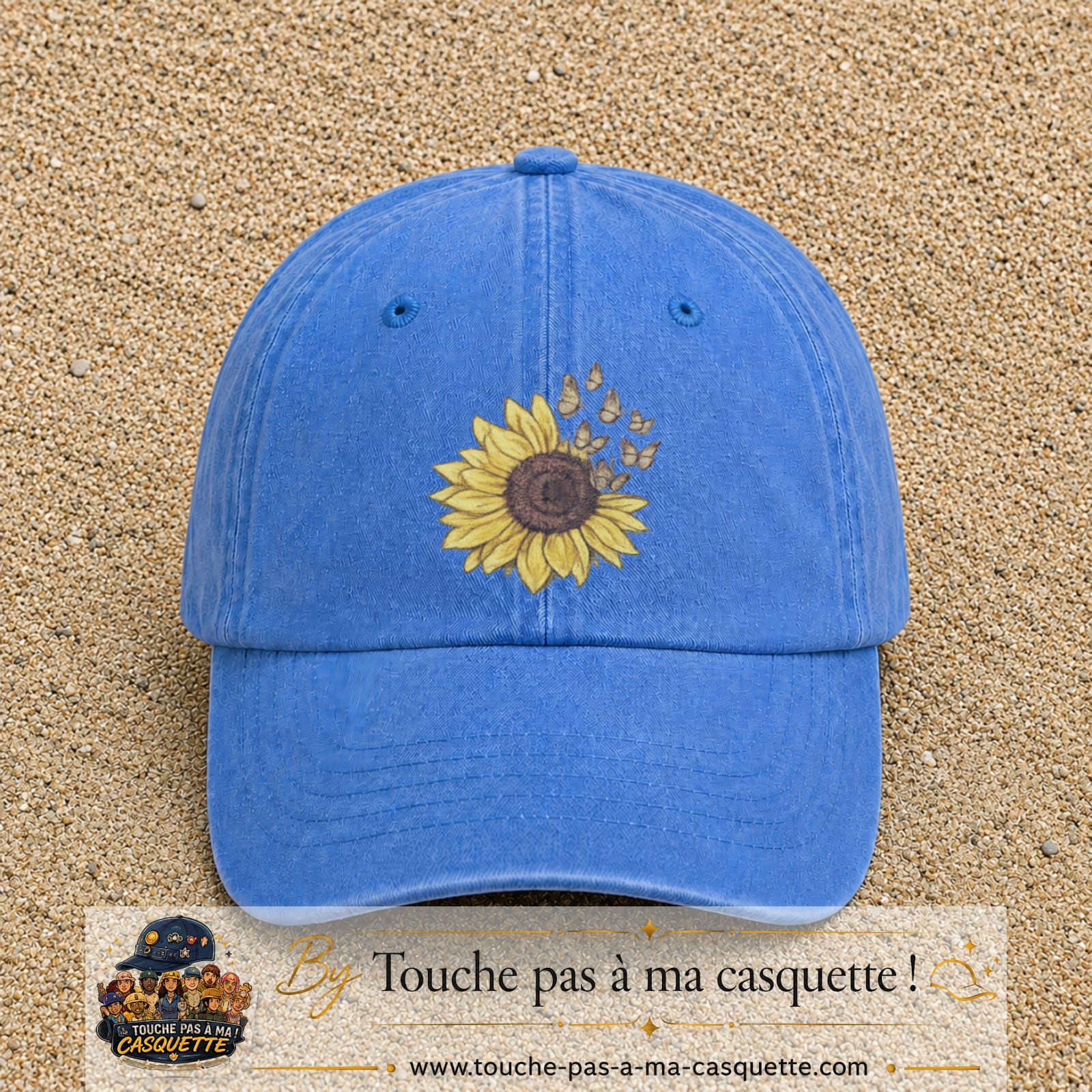 Image principale produit15grosBLC - casquette Bleu ciel délavé avec visuel Tournesol mandala 7 cm