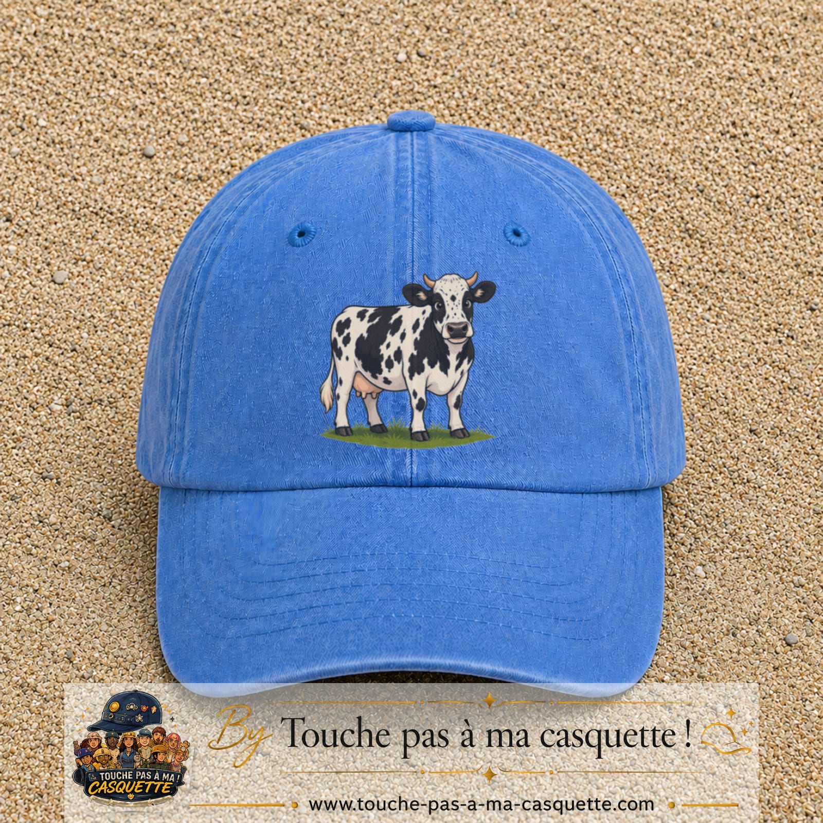Image principale produit69grosBLC - casquette Bleu ciel délavé avec visuel Vache noir blanc 7 cm