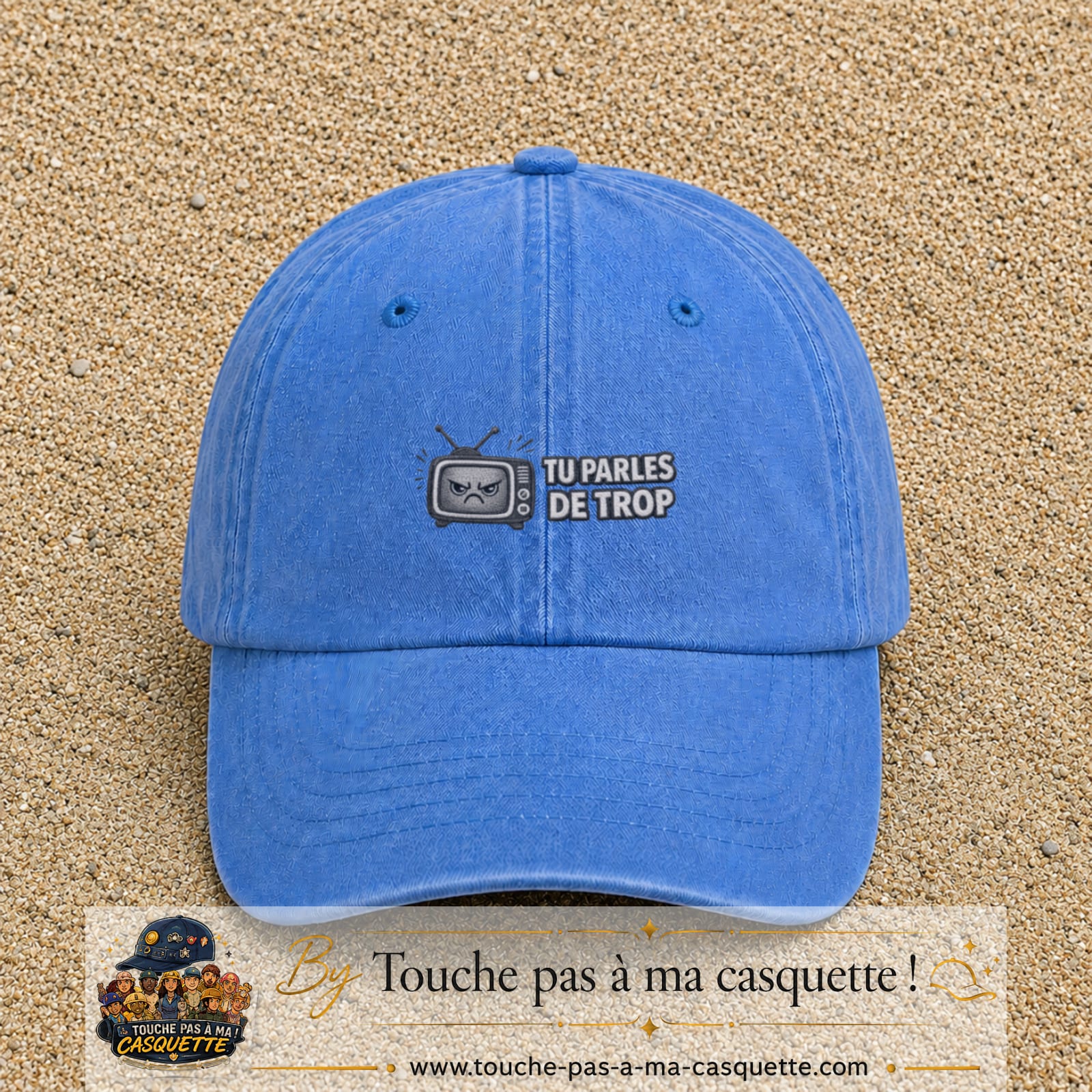 Image principale produit119petitBLC - casquette Bleu ciel délavé avec visuel Télé tu parles trop 3 cm