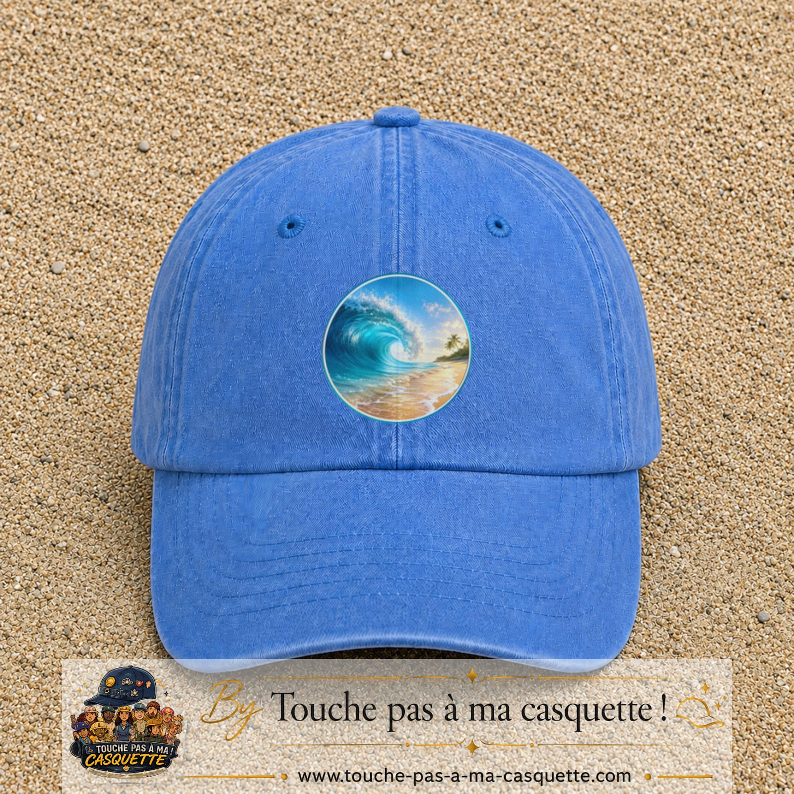 Image principale produit175grosBLC - casquette Bleu ciel délavé avec visuel Vague plage 7 cm