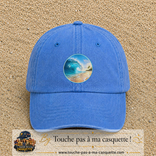 Image principale produit175grosBLC - casquette Bleu ciel délavé avec visuel Vague plage 7 cm