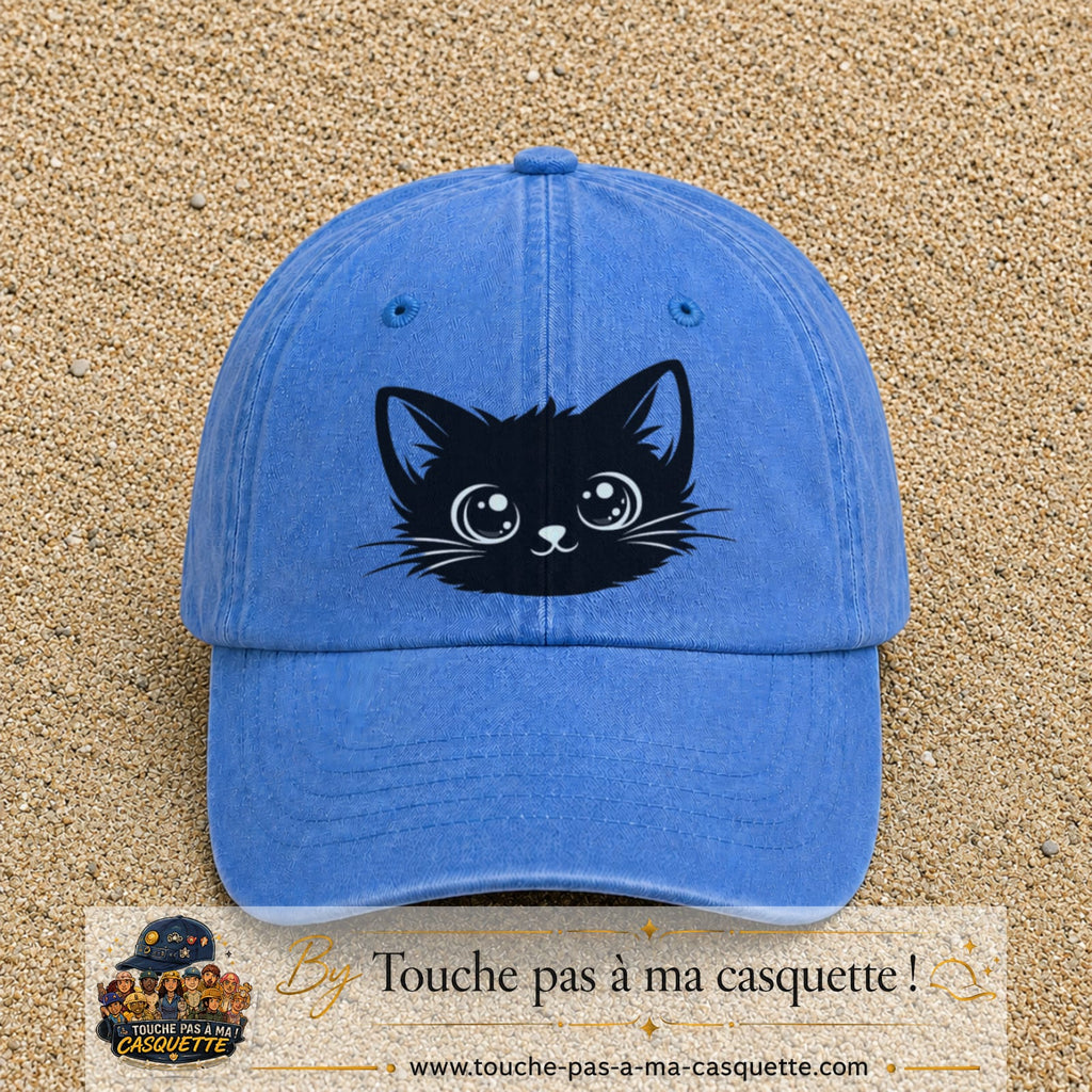 Image principale produit2grosBLC - casquette Bleu ciel délavé avec visuel Chat noir yeux ronds 7 cm
