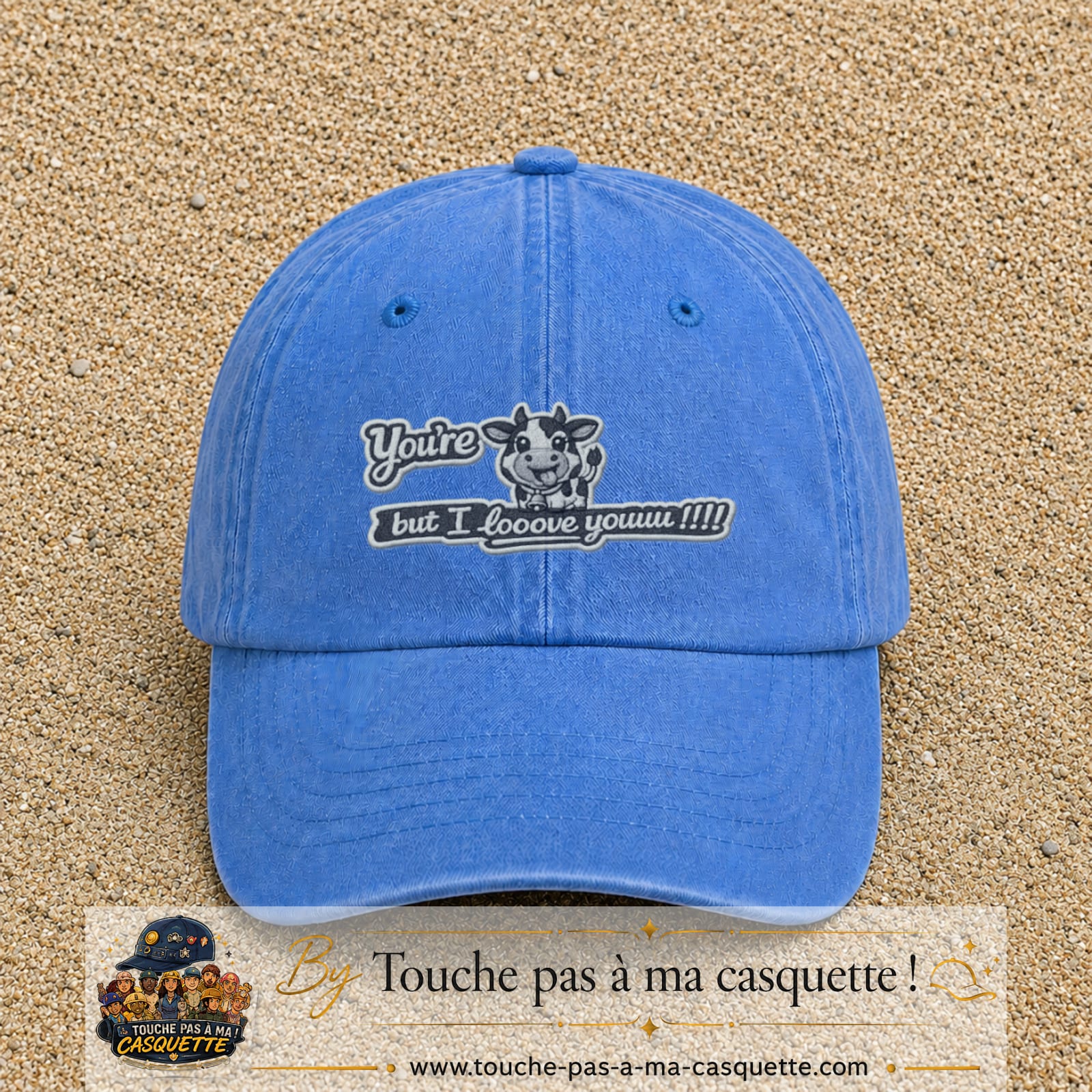 Image principale produit121moyenBLC - casquette Bleu ciel délavé avec visuel Vache message anglais 5 cm