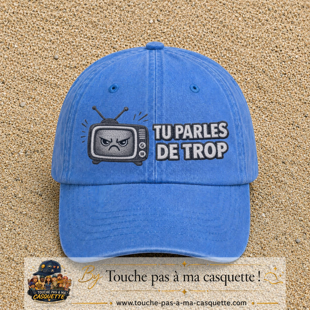 Image principale produit119grosBLC - casquette Bleu ciel délavé avec visuel Télé tu parles trop 7 cm