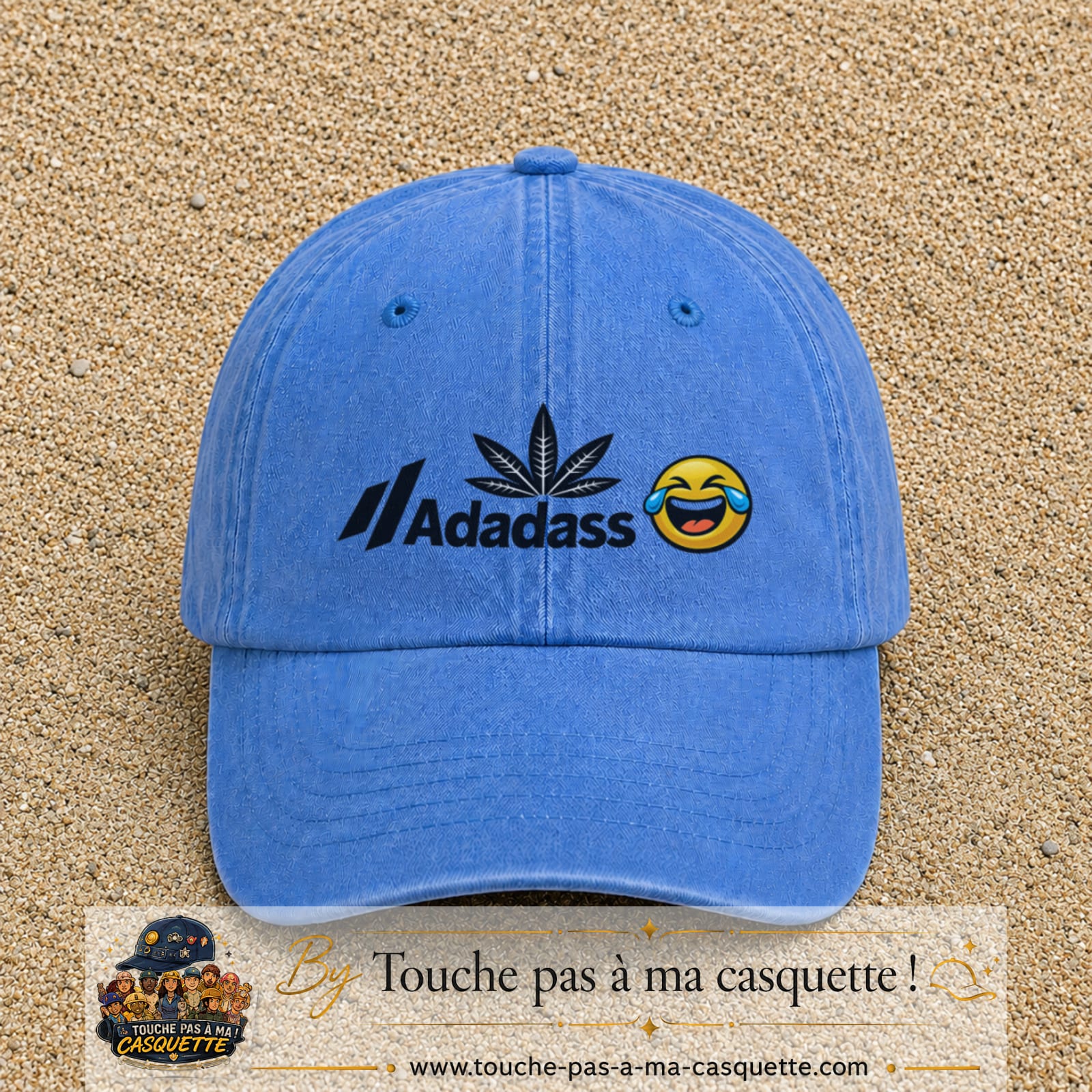 Image principale produit37moyenBLC - casquette Bleu ciel délavé avec visuel Adadass emoji rieur 5 cm
