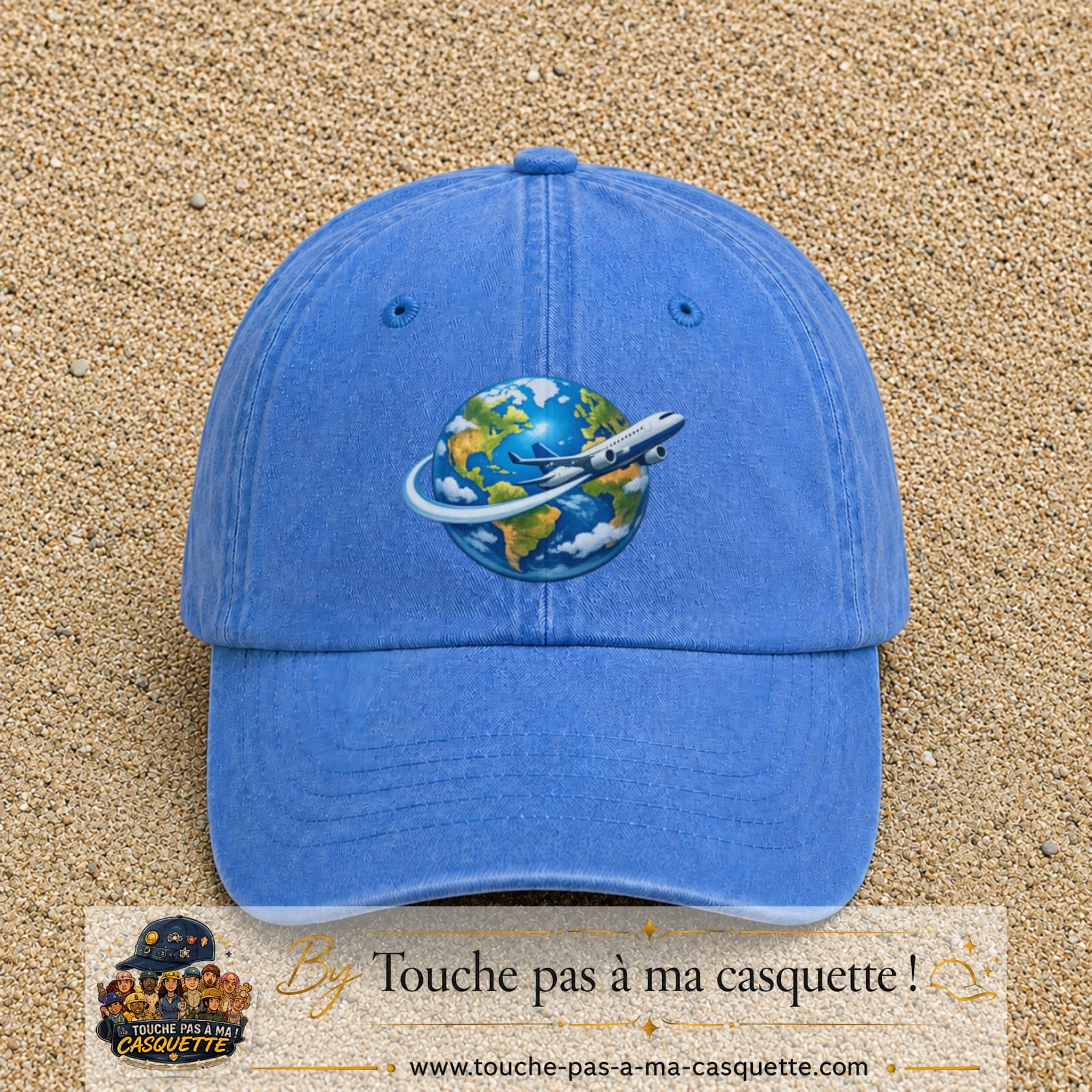 Image principale produit82grosBLC - casquette Bleu ciel délavé avec visuel Monde avion 7 cm