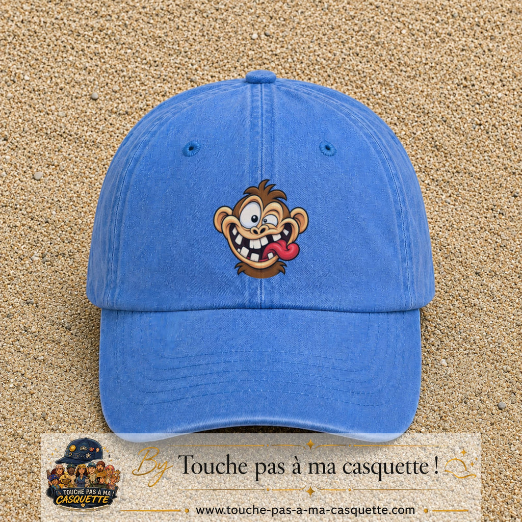 Casquette baseball Bleu ciel délavé 100% coton avec visuel Singe fou grimace 7 cm - image produit principale