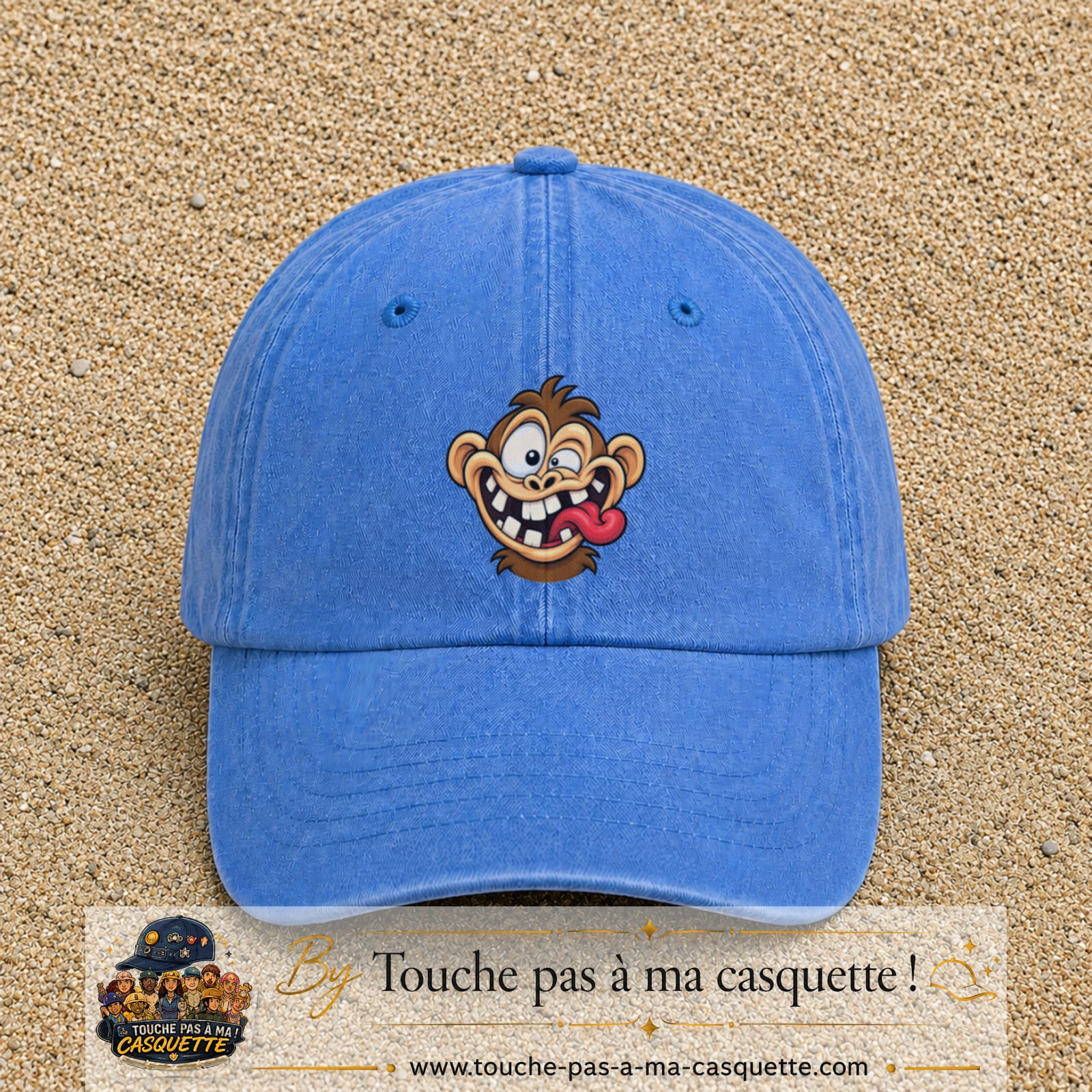Casquette baseball Bleu ciel délavé 100% coton avec visuel Singe fou grimace 7 cm - image produit principale