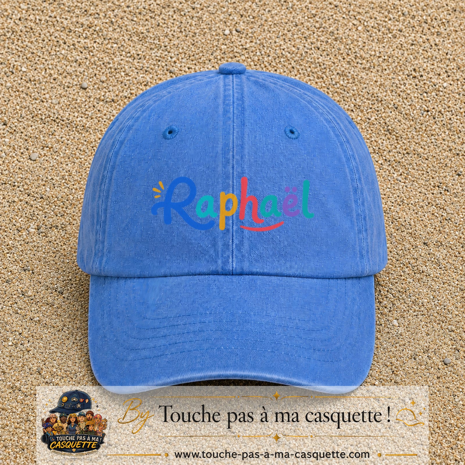 Casquette baseball Bleu ciel délavé 100% coton avec visuel Prénom Raphaël coloré 7 cm - image produit principale