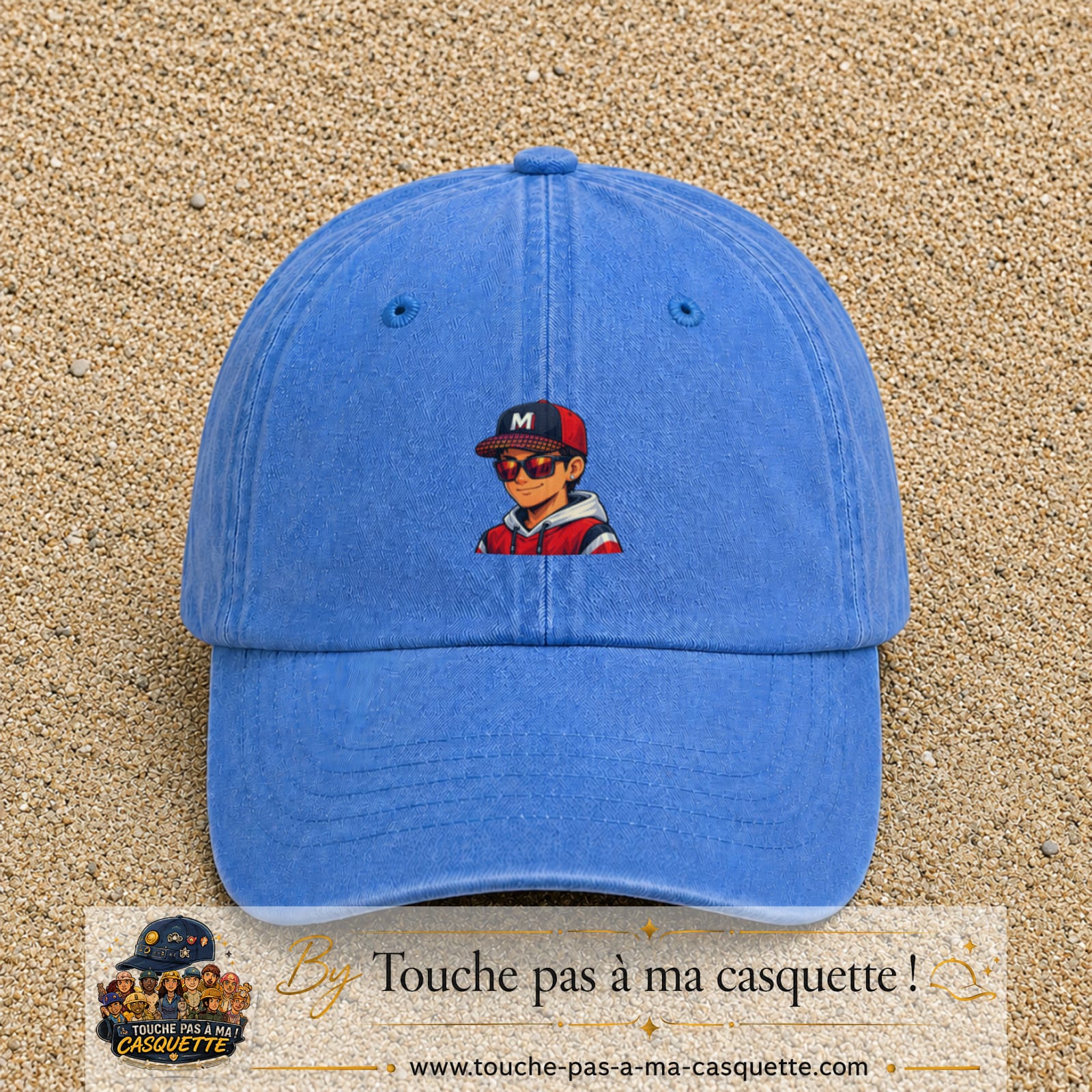 Casquette Bleu ciel délavé 100% coton avec motif Garçon casquette rouge et lunettes 5 cm - image principale