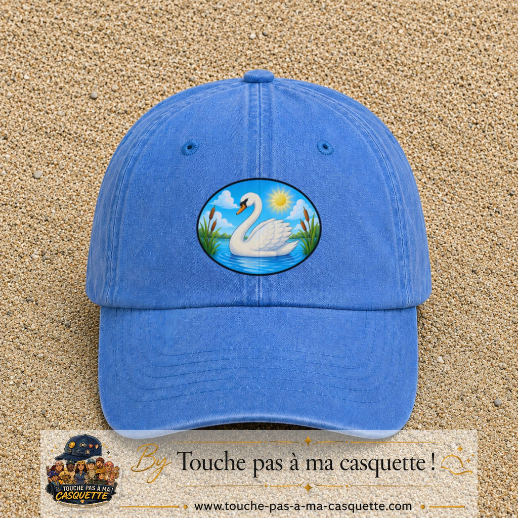 Casquette baseball Bleu ciel délavé 100% coton avec visuel Cygne sur lac 7 cm - image produit principale