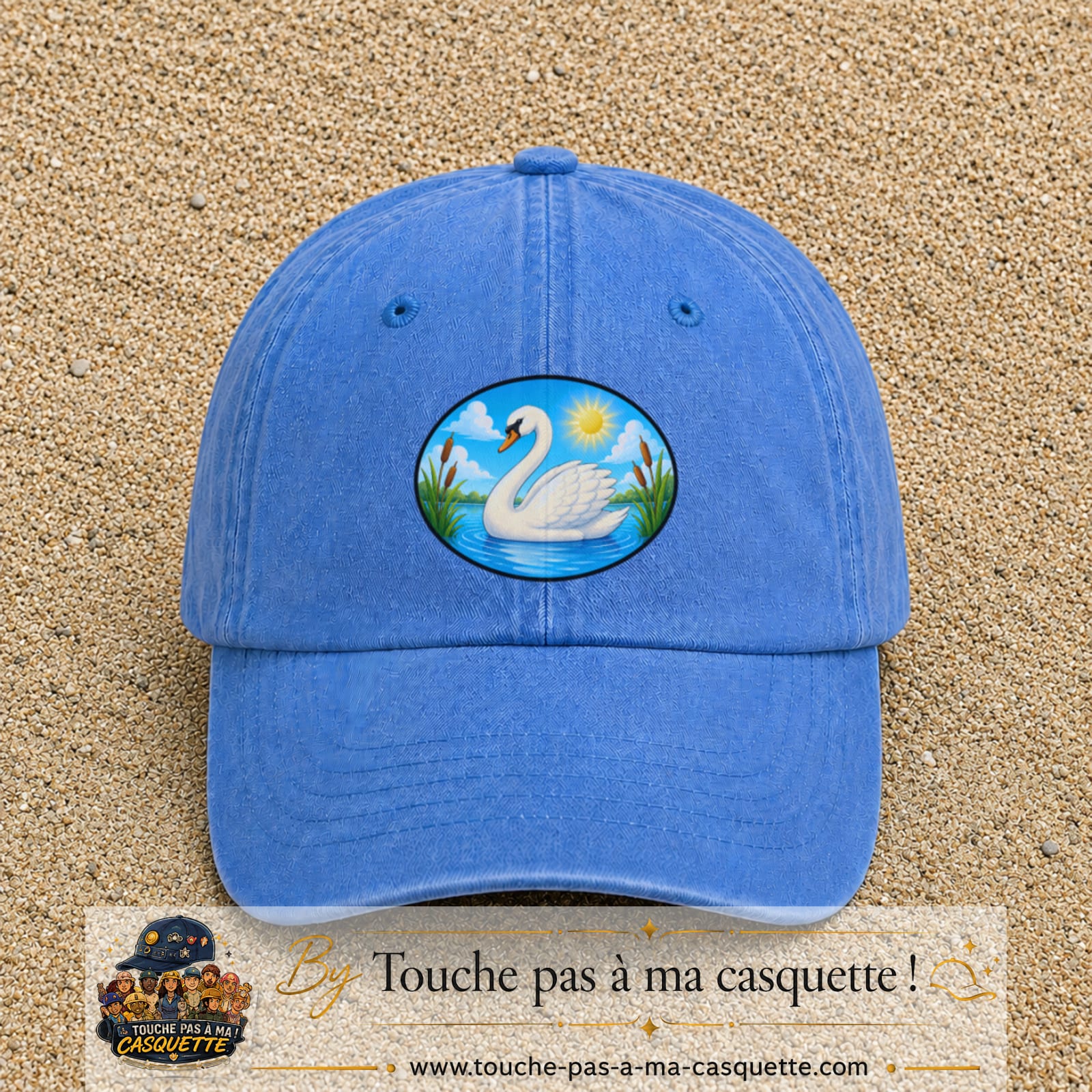 Casquette baseball Bleu ciel délavé 100% coton avec visuel Cygne sur lac 7 cm - image produit principale