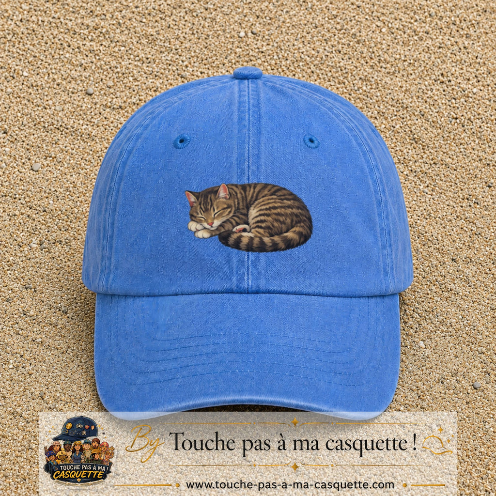 Casquette baseball Bleu ciel délavé 100% coton avec motif Chat endormi 5 cm - image principale