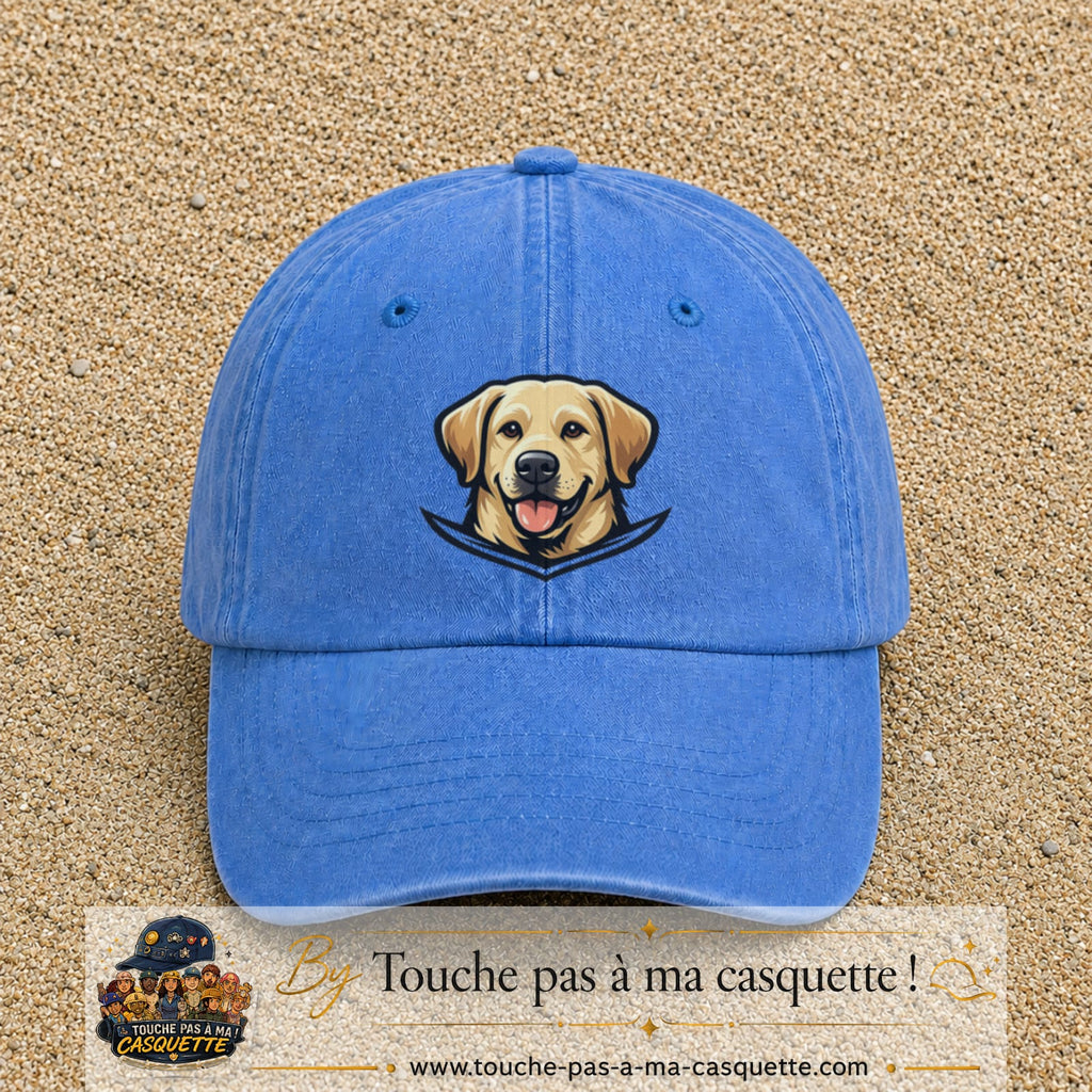 Casquette Bleu ciel délavé 100% coton avec motif Chien labrador souriant 7 cm - image principale