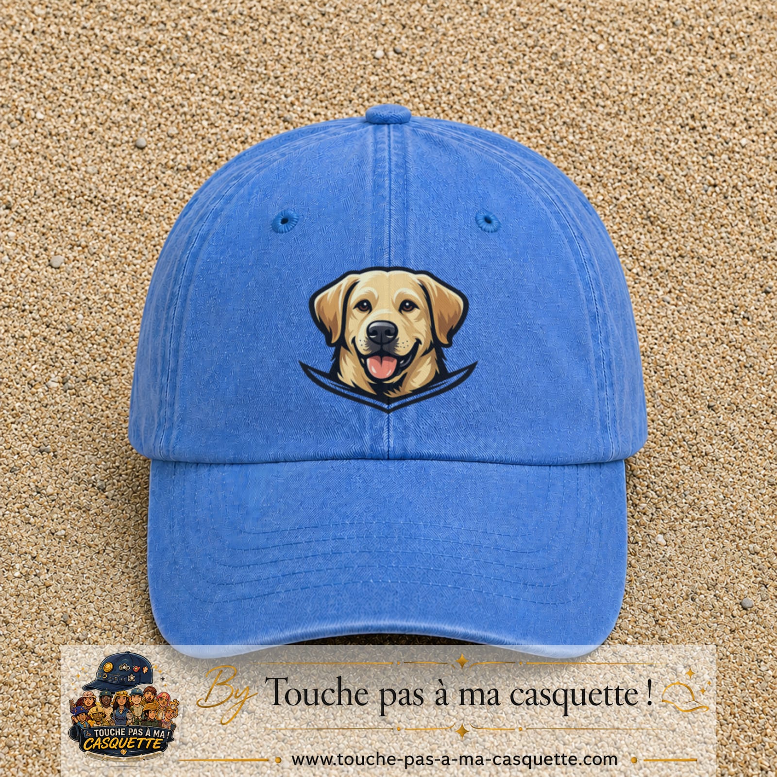 Casquette Bleu ciel délavé 100% coton avec motif Chien labrador souriant 7 cm - image principale
