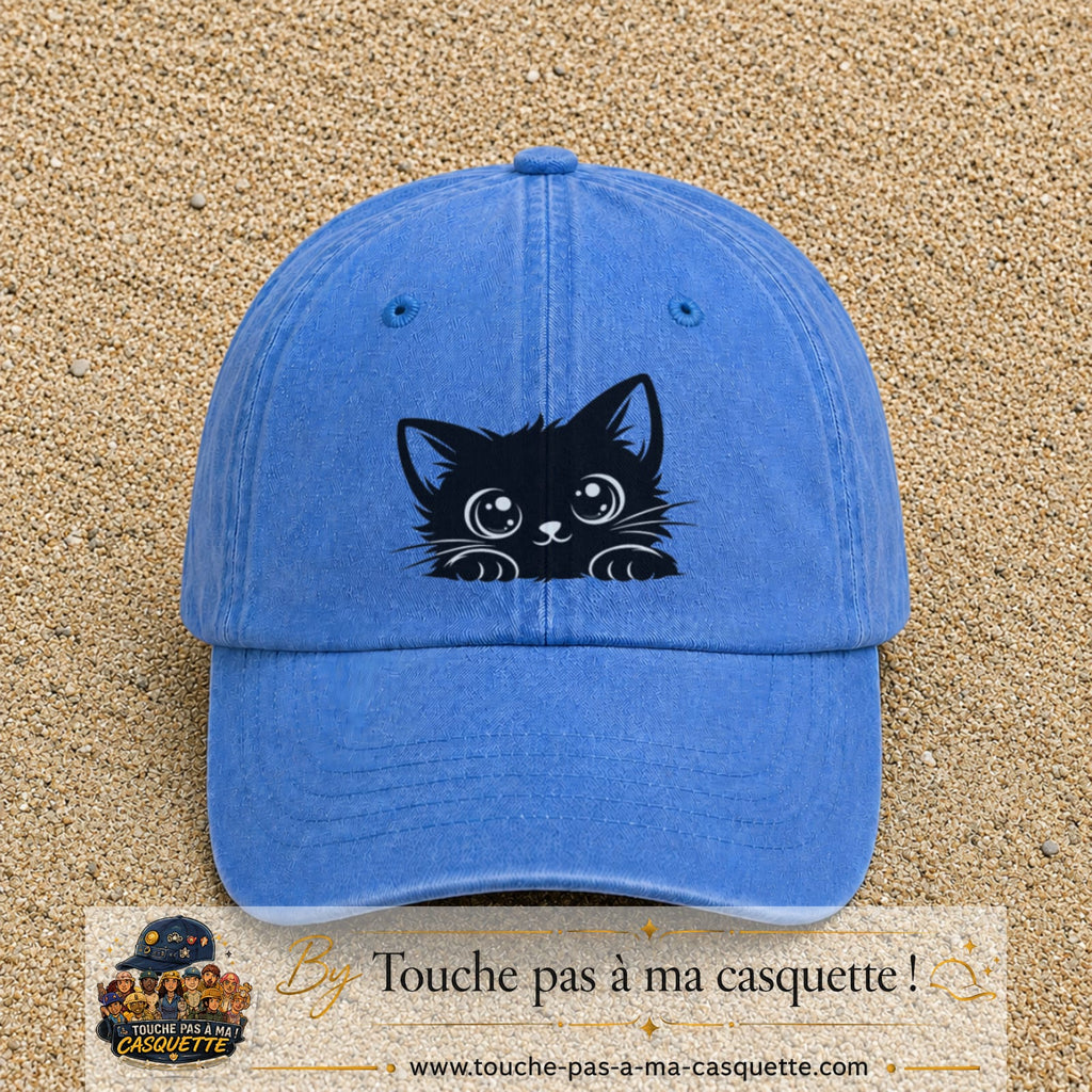 Casquette Bleu ciel délavé motif Chaton malicieux 7 cm - vue principale