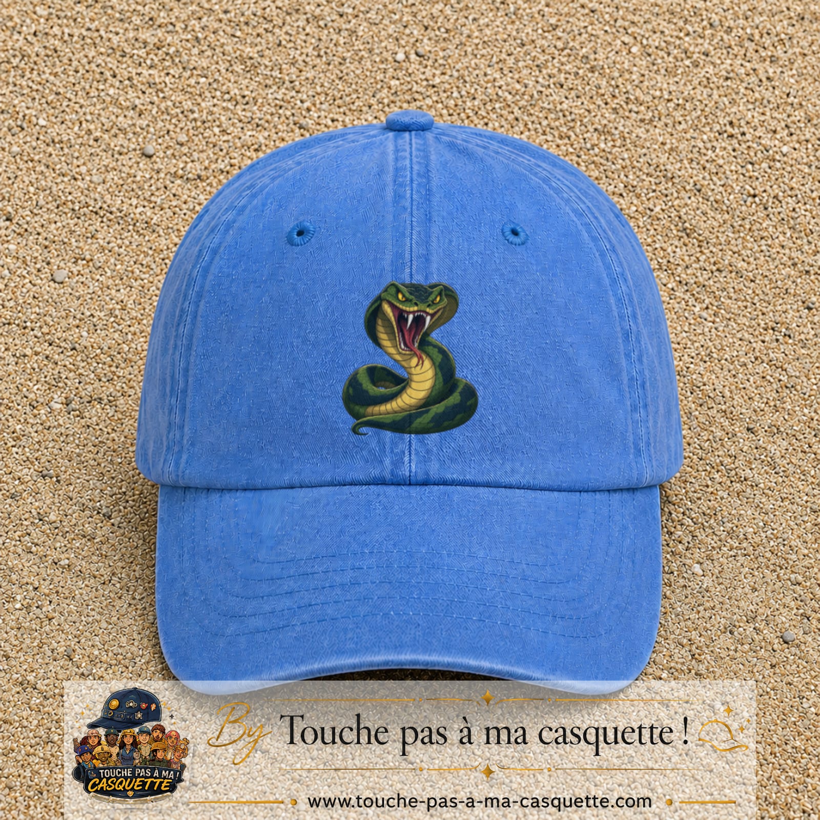 Casquette baseball Bleu ciel délavé 100% coton avec visuel Cobra cartoon 7 cm - image produit principale