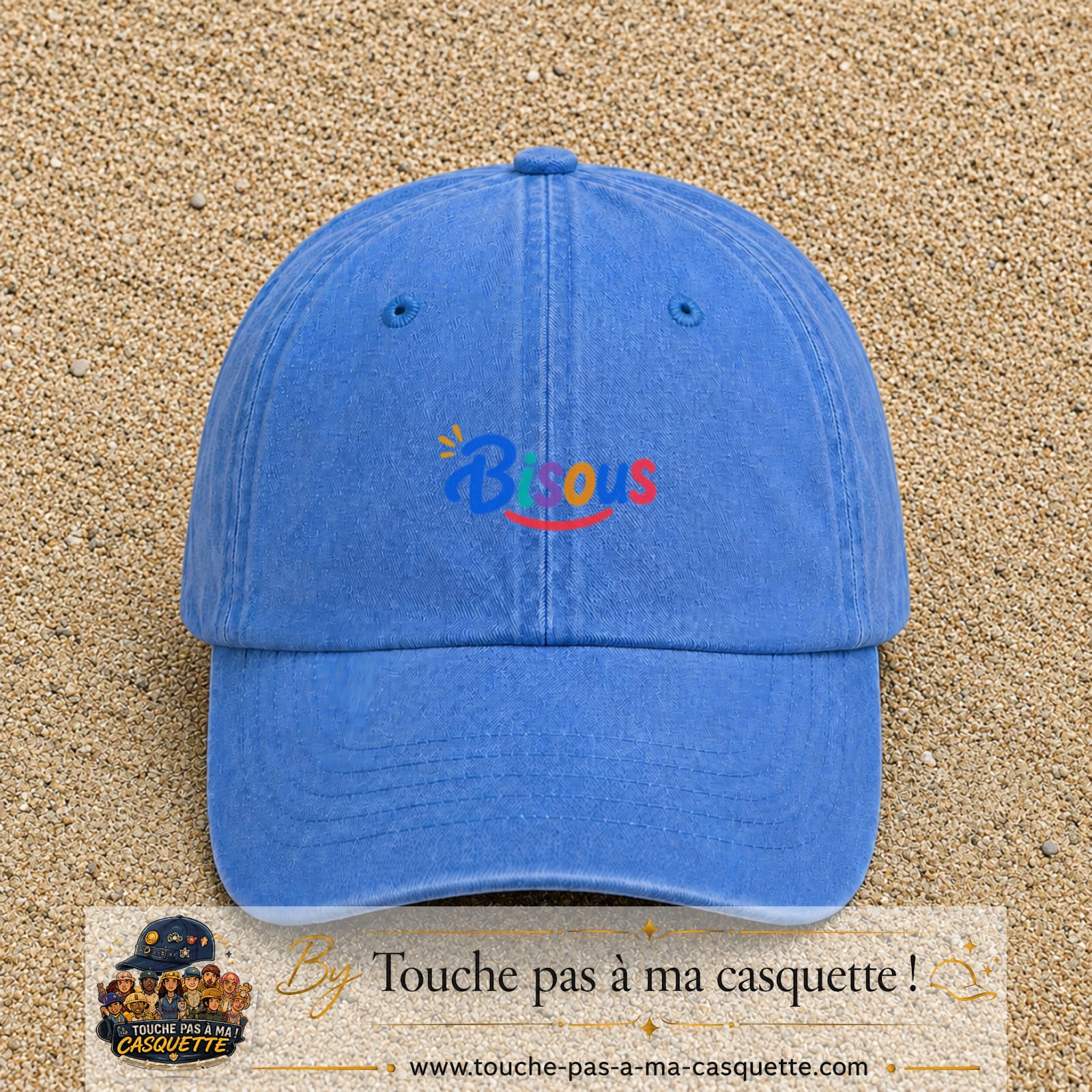 Casquette baseball Bleu ciel délavé 100% coton avec visuel Bisous coloré 3 cm - image produit principale