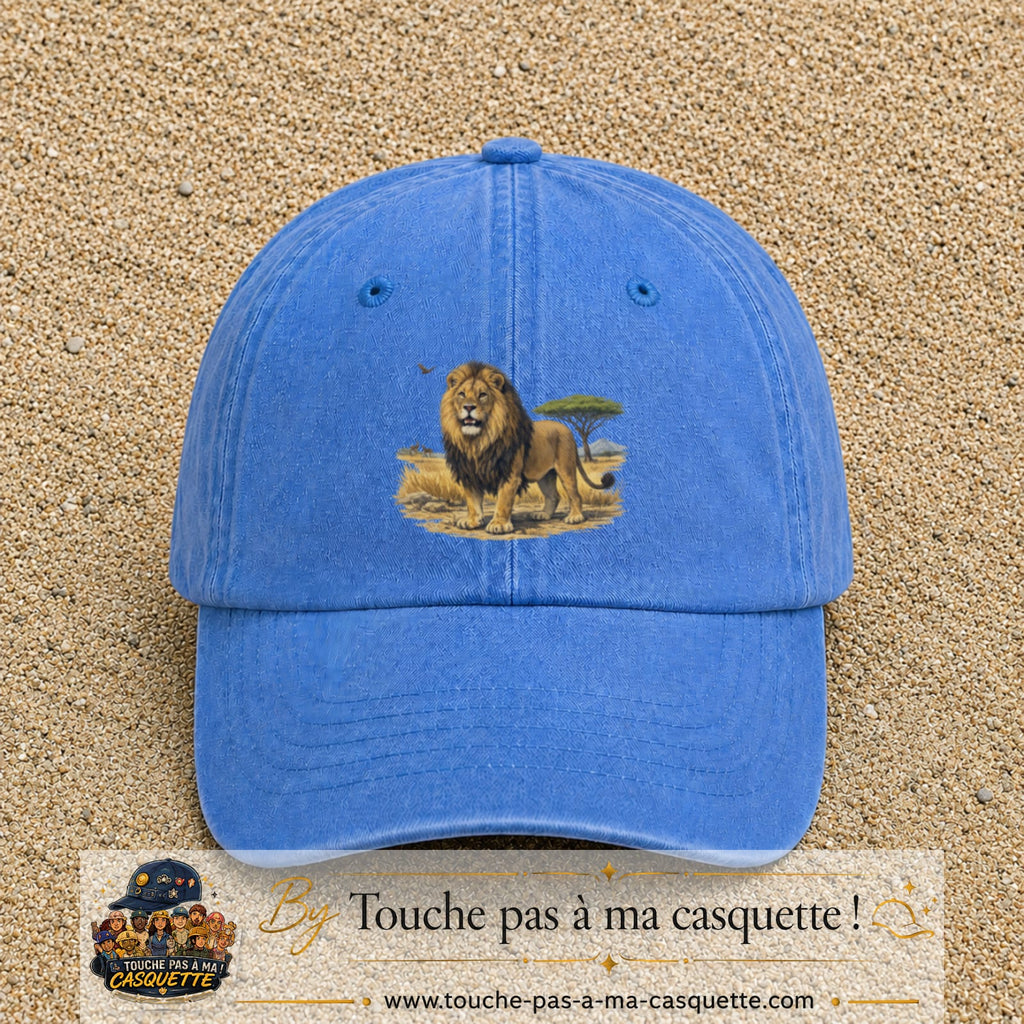 Casquette baseball Bleu ciel délavé 100% coton avec motif Lion de savane 7 cm - image principale