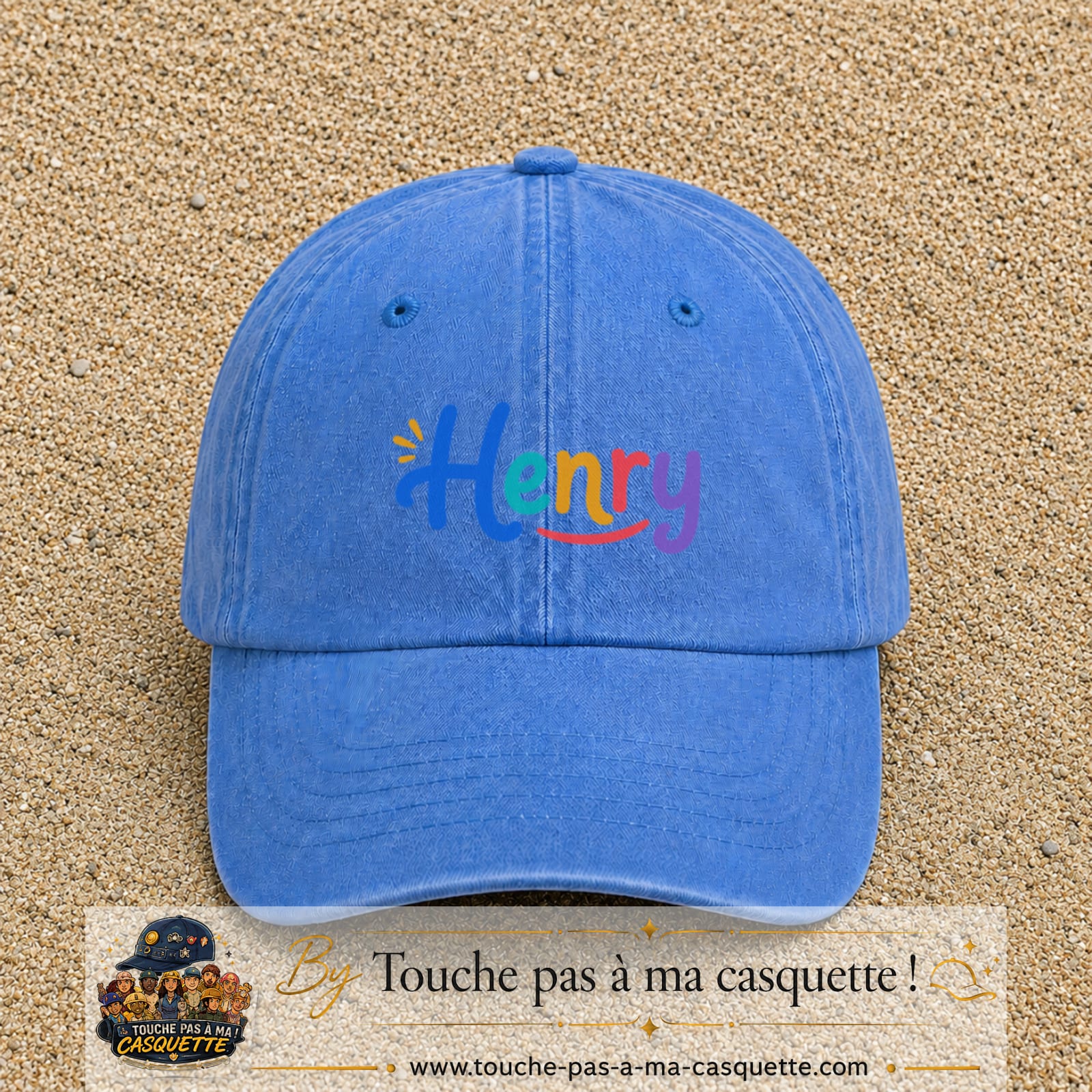 Casquette baseball Bleu ciel délavé 100% coton avec visuel Prénom Henry coloré 5 cm - image produit principale