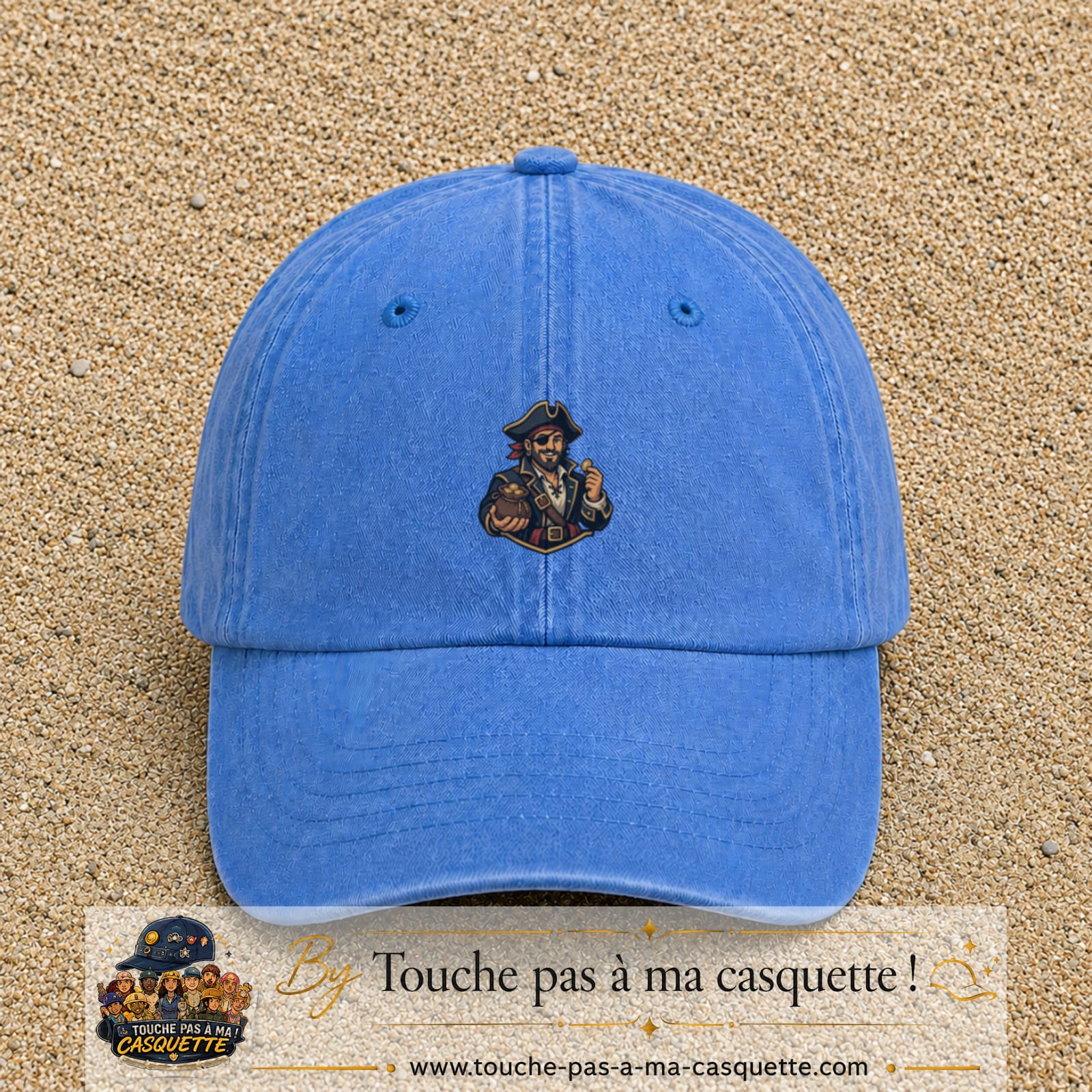 Casquette baseball Bleu ciel délavé 100% coton avec visuel Pirate au trésor 5 cm - image produit principale