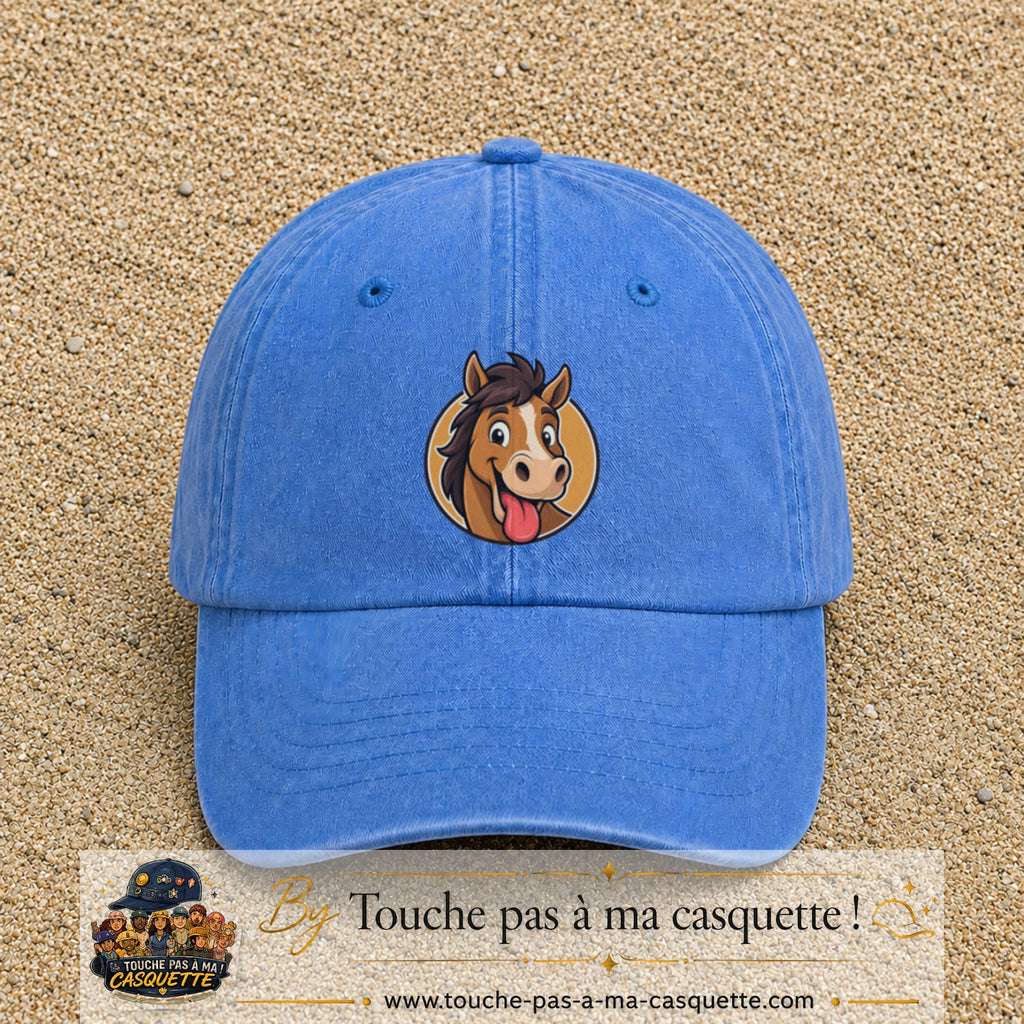 Casquette baseball Bleu ciel délavé 100% coton avec visuel Cheval langue tirée 7 cm - image produit principale