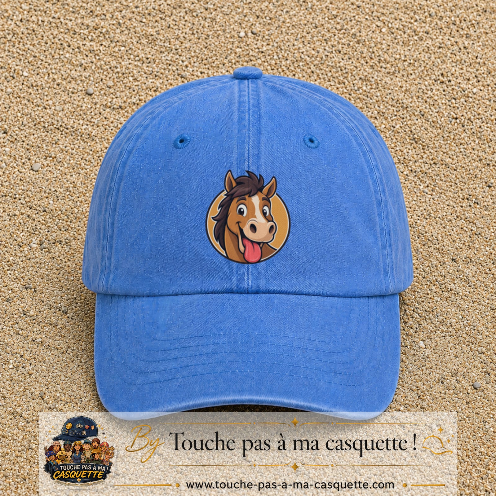 Casquette baseball Bleu ciel délavé 100% coton avec visuel Cheval langue tirée 7 cm - image produit principale