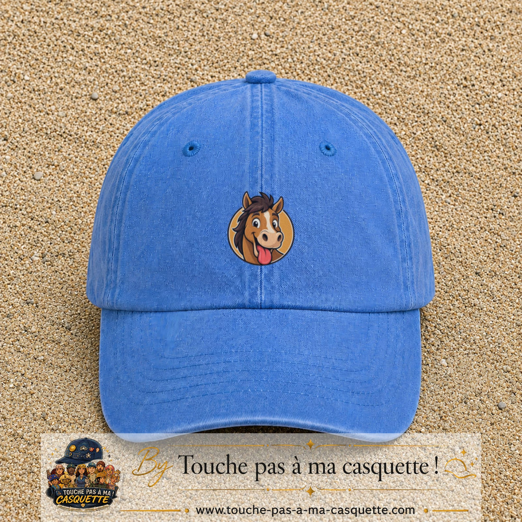 Casquette baseball Bleu ciel délavé 100% coton avec visuel Cheval langue tirée 5 cm - image produit principale