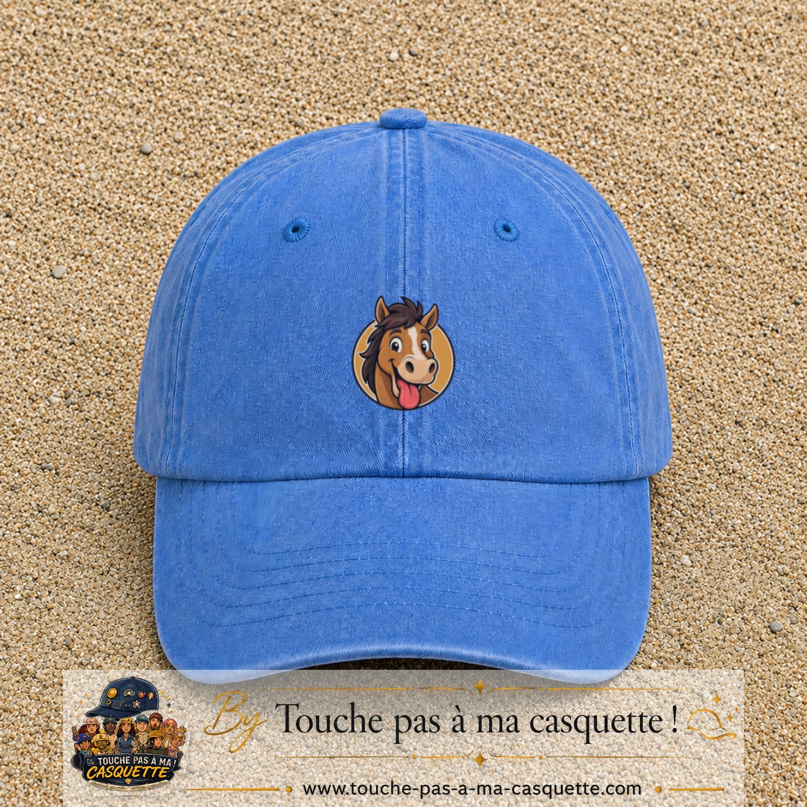 Casquette baseball Bleu ciel délavé 100% coton avec visuel Cheval langue tirée 5 cm - image produit principale