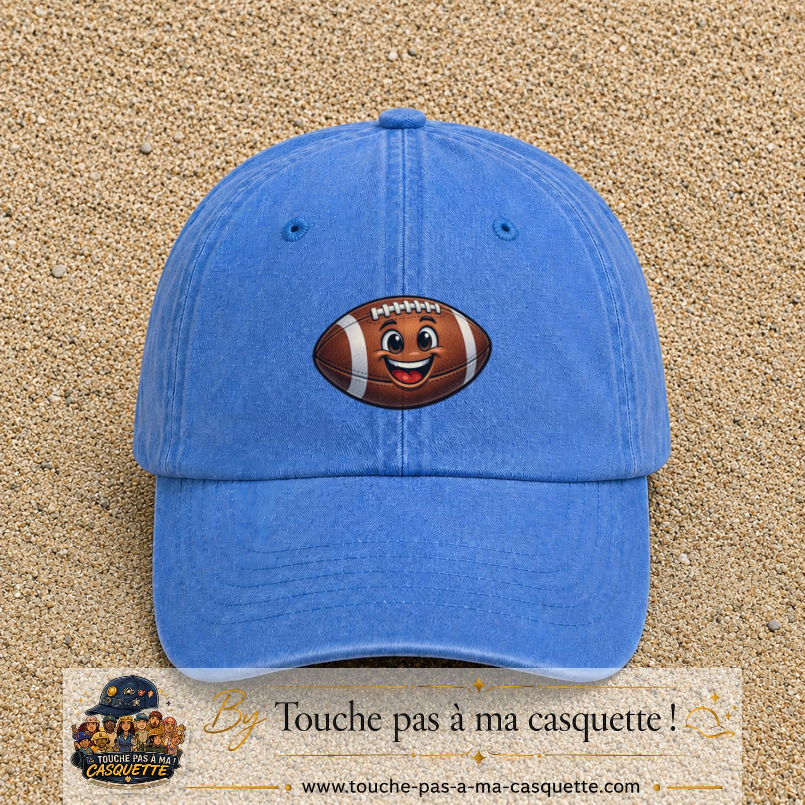 Casquette Bleu ciel délavé 100% coton avec motif Ballon de rugby sourire 5 cm - image principale
