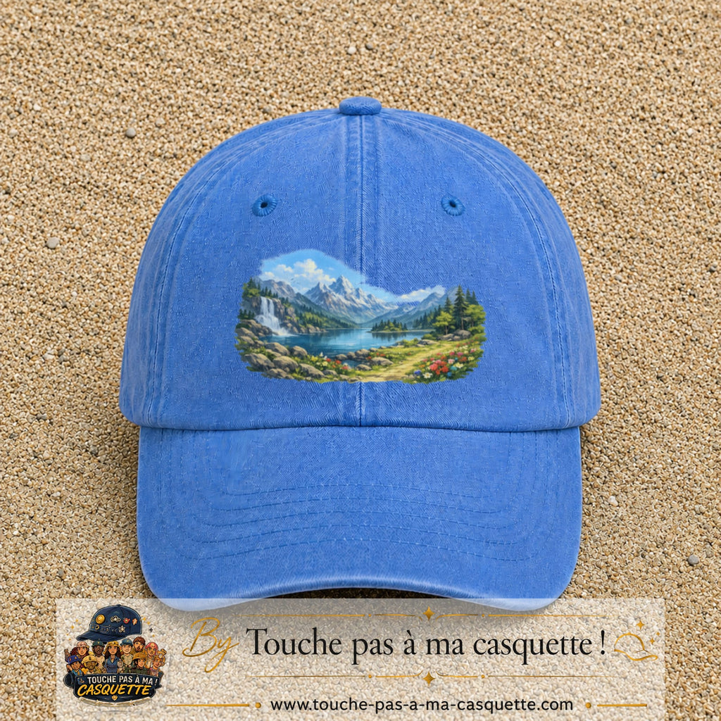Casquette baseball Bleu ciel délavé 100% coton avec motif Paysage montagne lac 7 cm - image principale