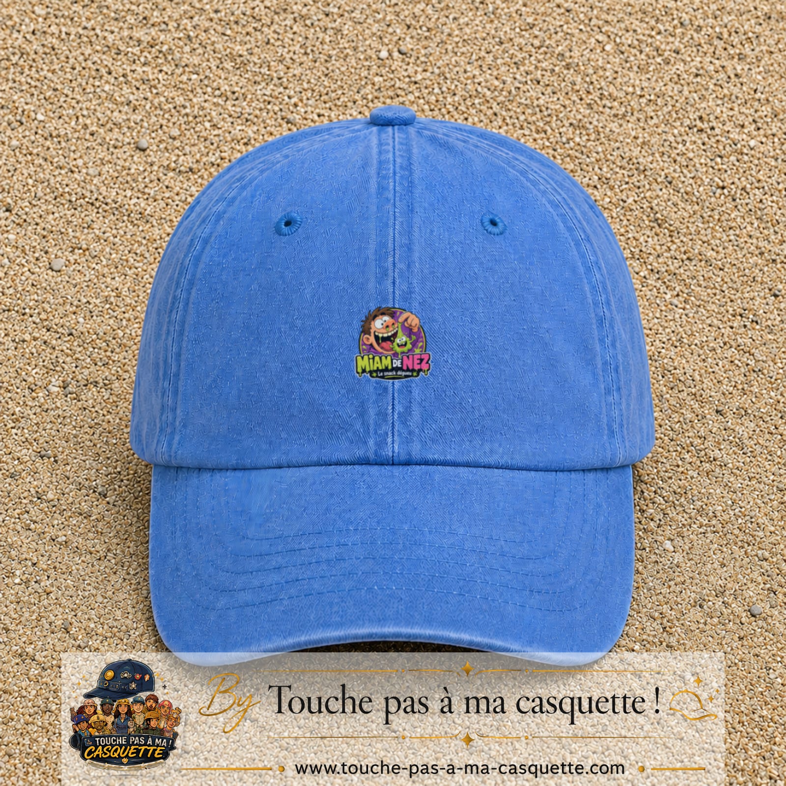 Casquette baseball Bleu ciel délavé 100% coton avec visuel Miam de nez 3 cm - image produit principale