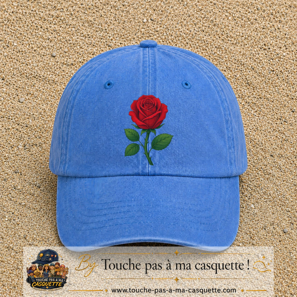 Casquette baseball Bleu ciel délavé 100% coton avec motif Fleur de rose 7 cm - image principale
